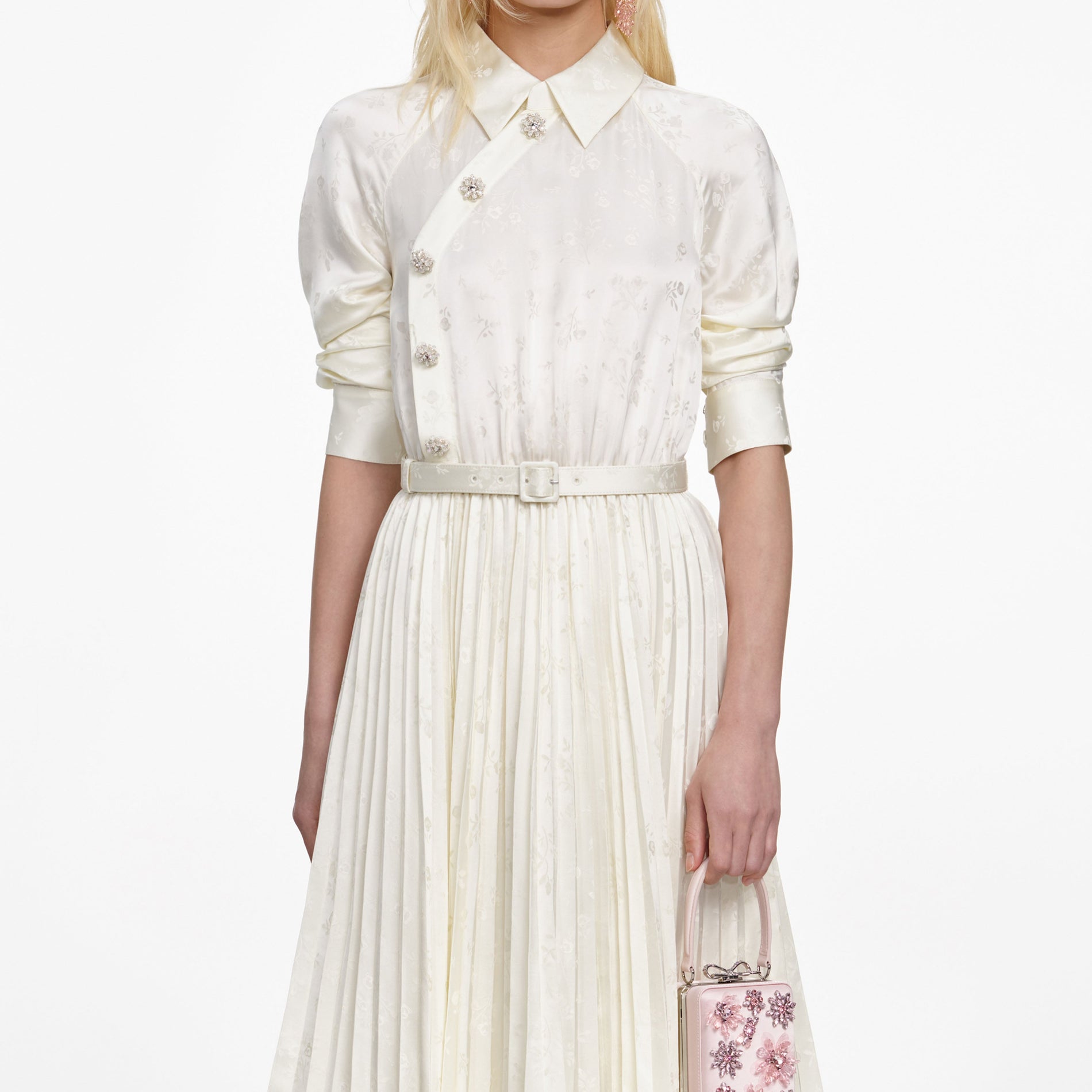 A close up of a woman wearing the Cream Satin Jacquard Midi Dress