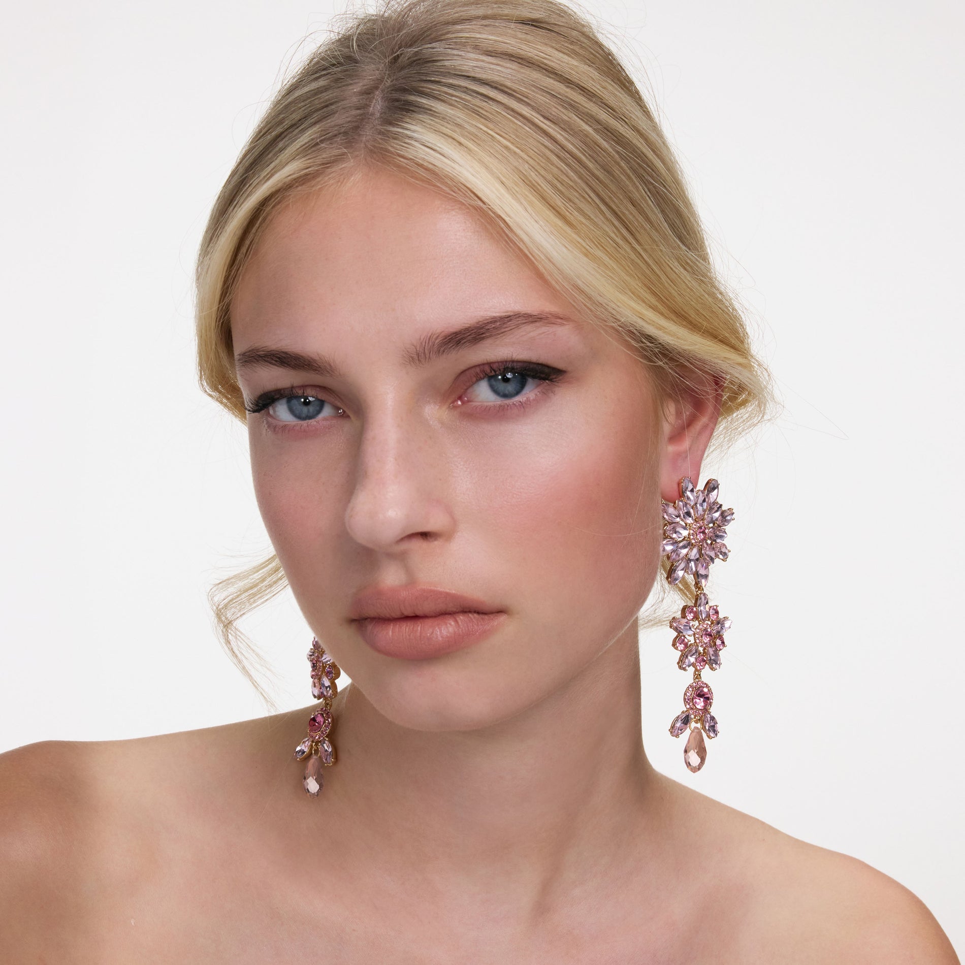 Pink Crystal Tiered Flower Earrings