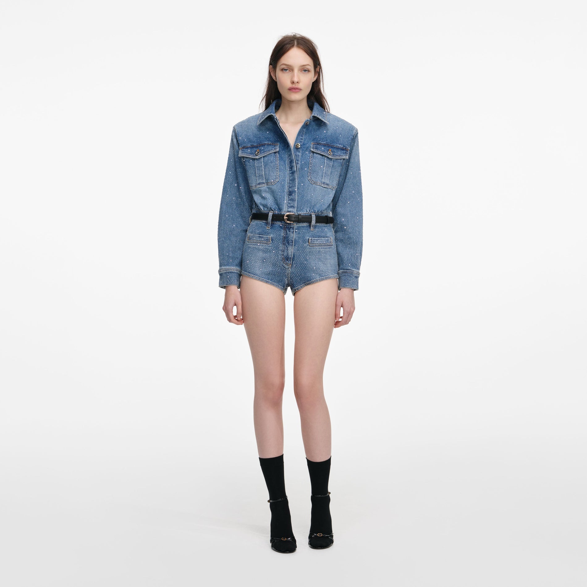 Front view of a woman wearing the Rhinestone Denim Playsuit