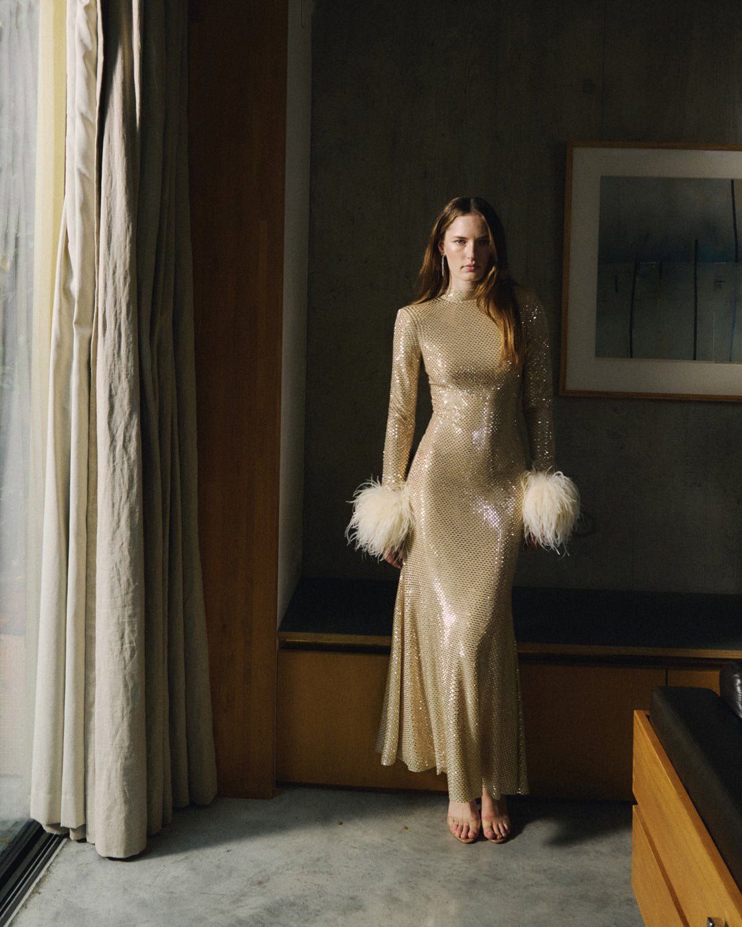 Champagne Rhinestone Feather Midi Dress