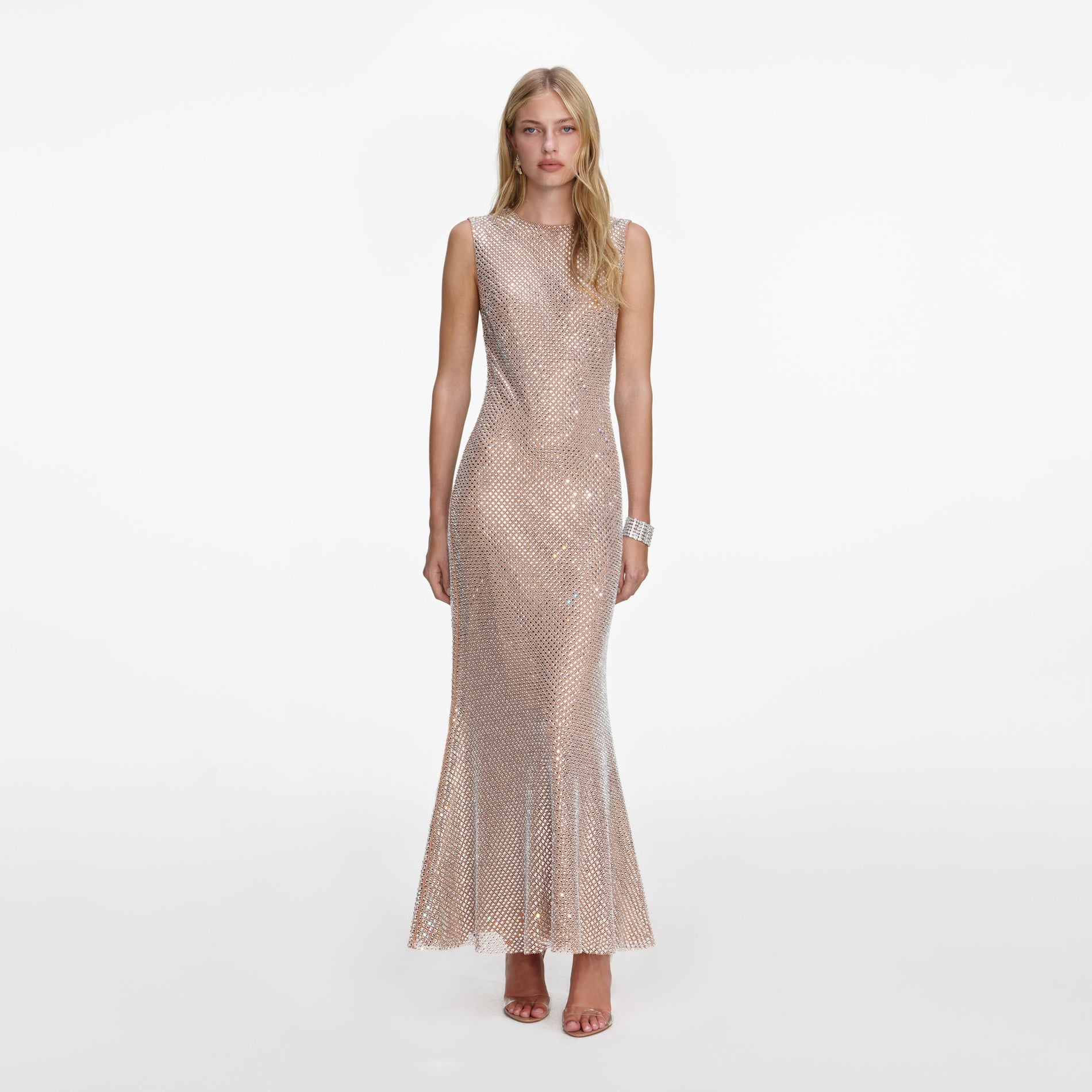 Front view of a woman wearing the Silver Rhinestone Mesh Midi Dress