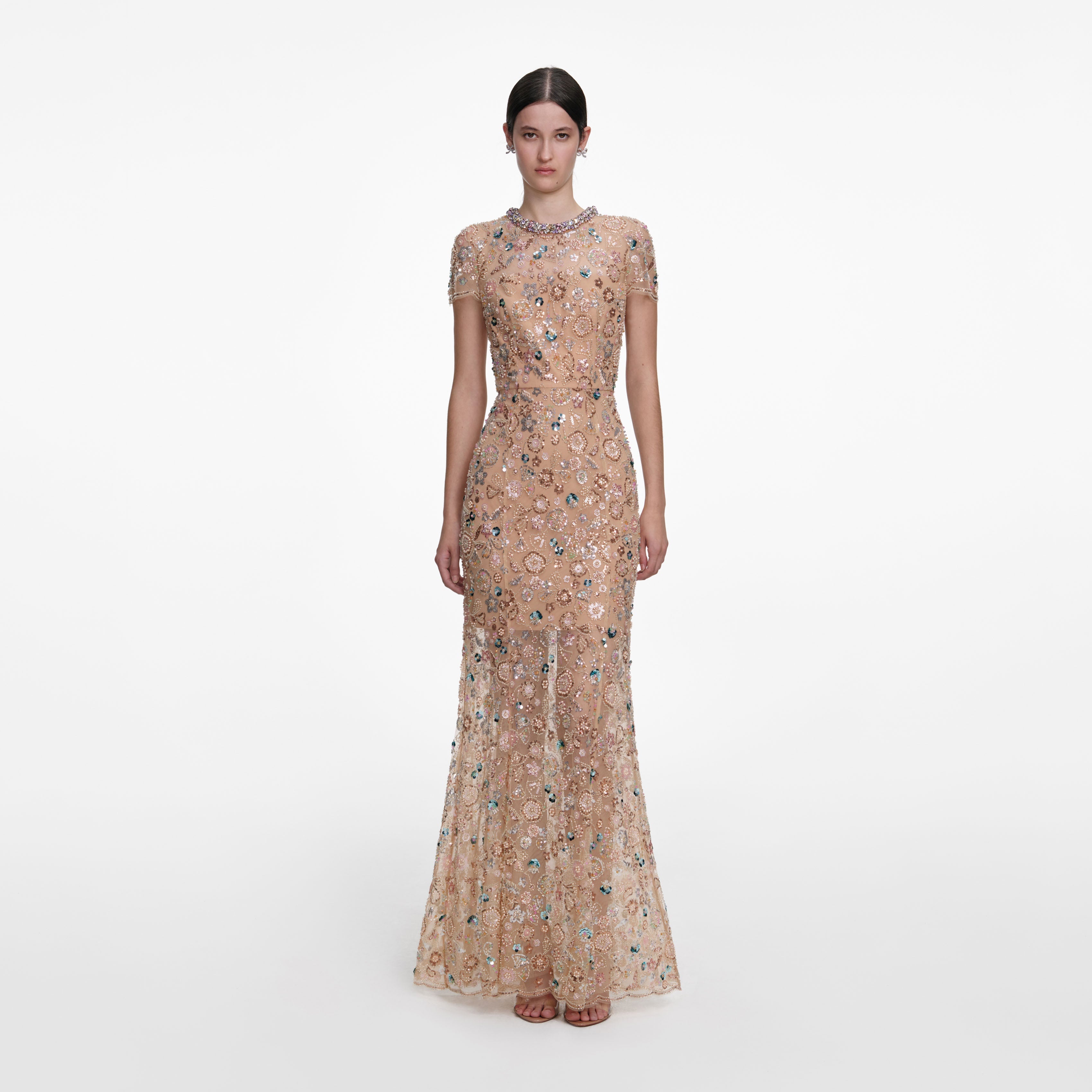 Champagne Sequin Embroidered Maxi Dress