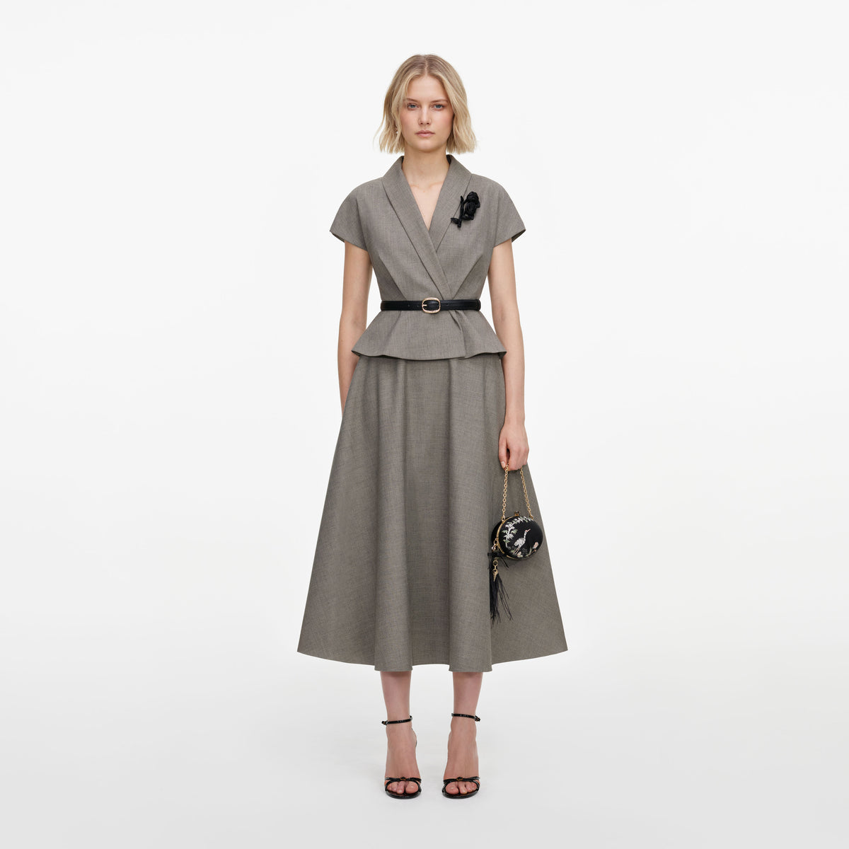 Brown Twill Brooch Midi Dress