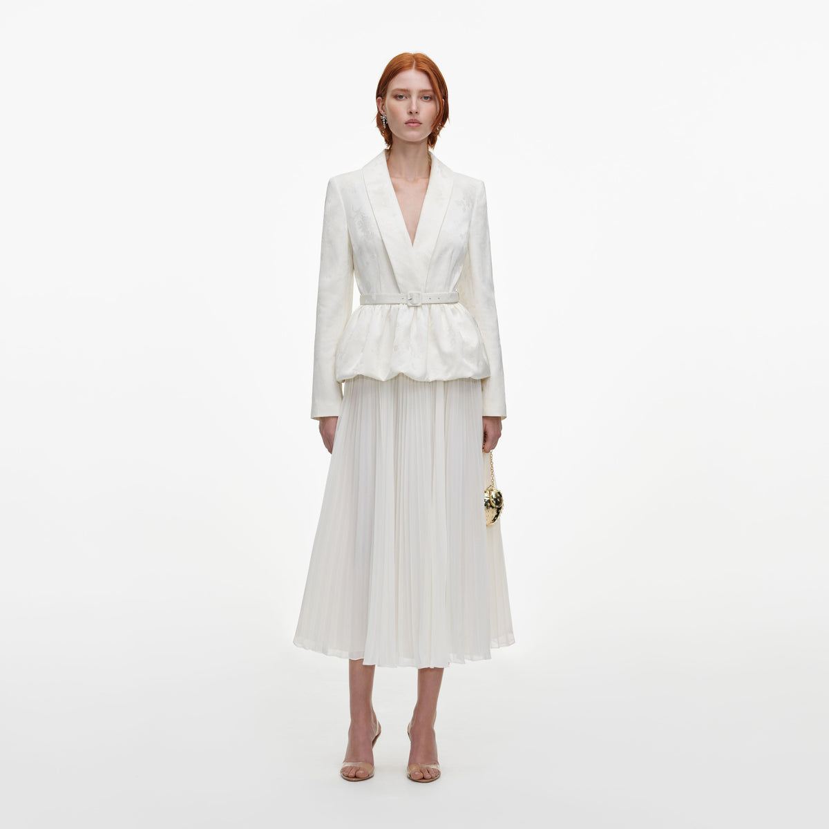Front view of a woman wearing the Cream Jacquard Tailored Midi Dress
