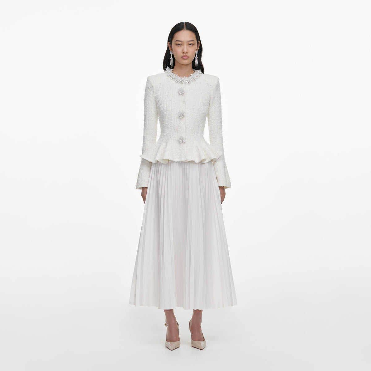 Front view of a woman wearing the White Textured Knit Chiffon Midi Dress
