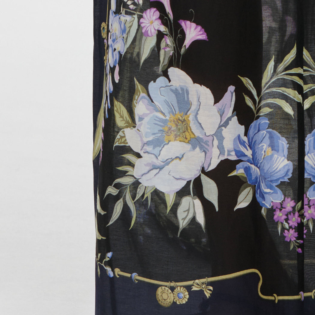 A close up of the fabric for the Navy Floral Organza Trousers