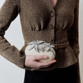 Cream Leather Crystal Flower Oval Clutch Bag