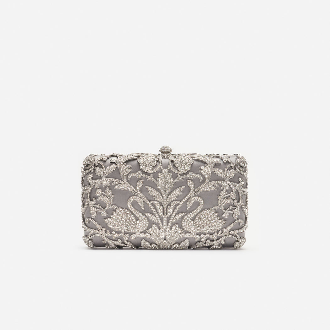Silver Crystal Swan Clutch Bag