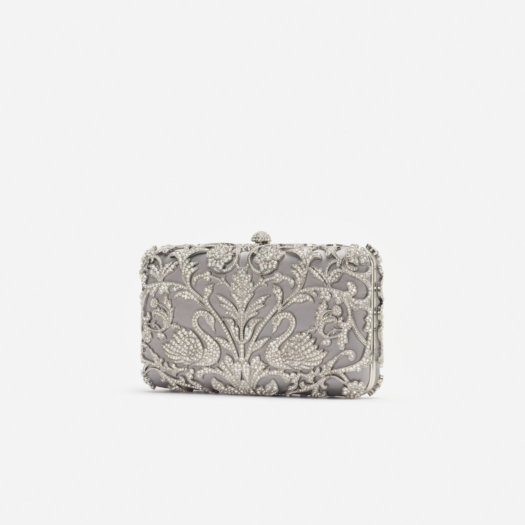 Silver Crystal Swan Clutch Bag