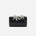 Black Croc Leather Crystal Flower Clutch Bag