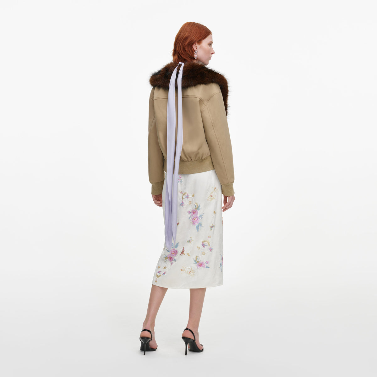 Cream Jacquard Floral Midi Skirt