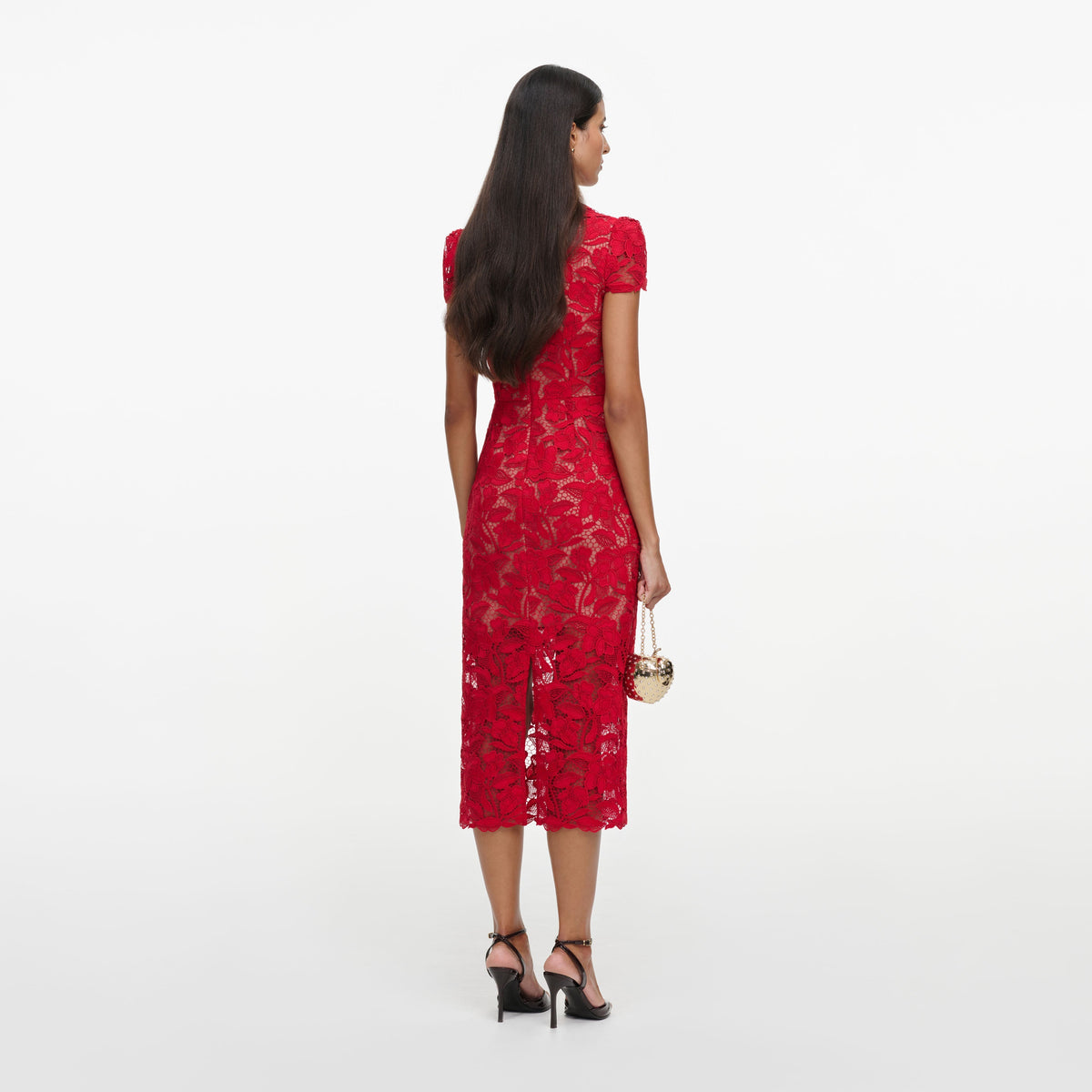 Back view of a woman wearing the Red Lace Midi Dress