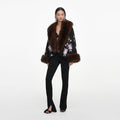 Black Floral Jacquard Fur Collar Coat