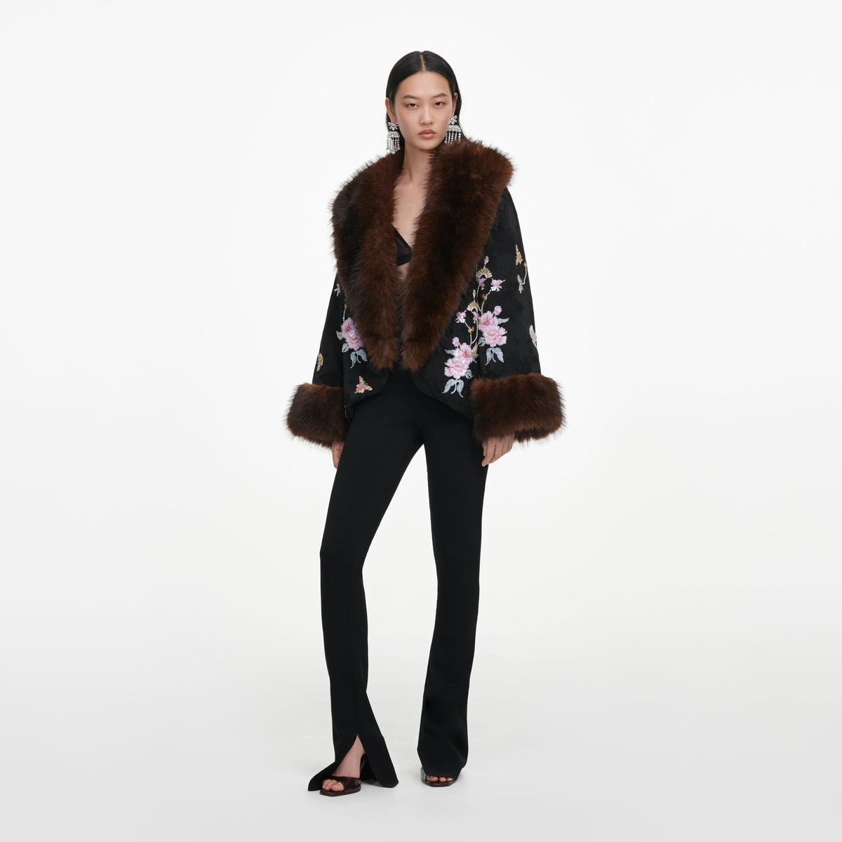 Black Floral Jacquard Fur Collar Coat
