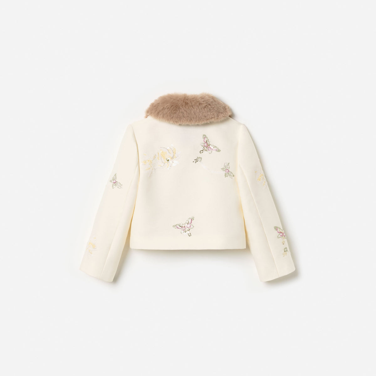 Cream Floral Jacquard Fur Collar Jacket