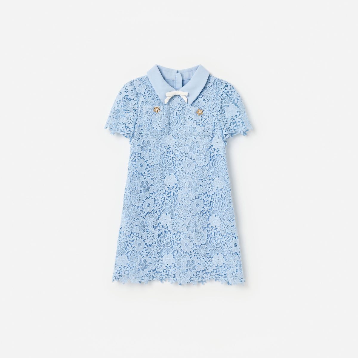 Front view of a girl wearing the Blue Lace Bow Collar Dress