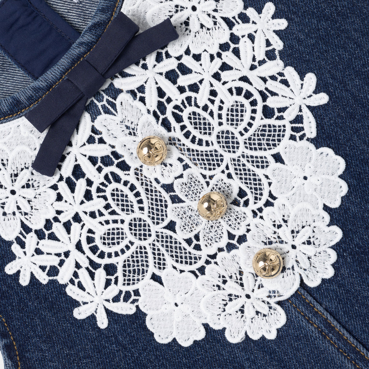 Detail Shot of the Blue Denim Lace Bib Dress