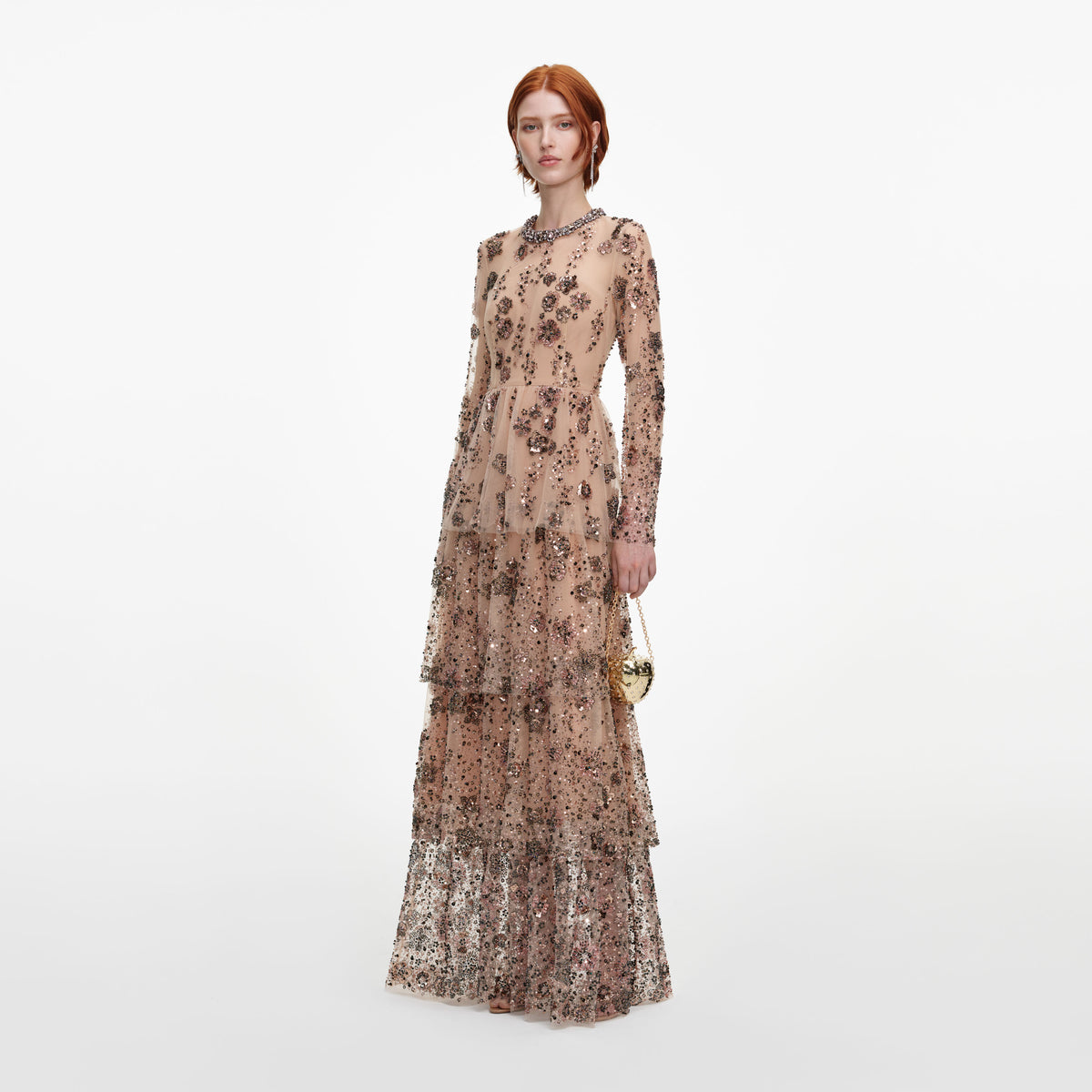 Beige Sequin Embellished Tiered Maxi Dress