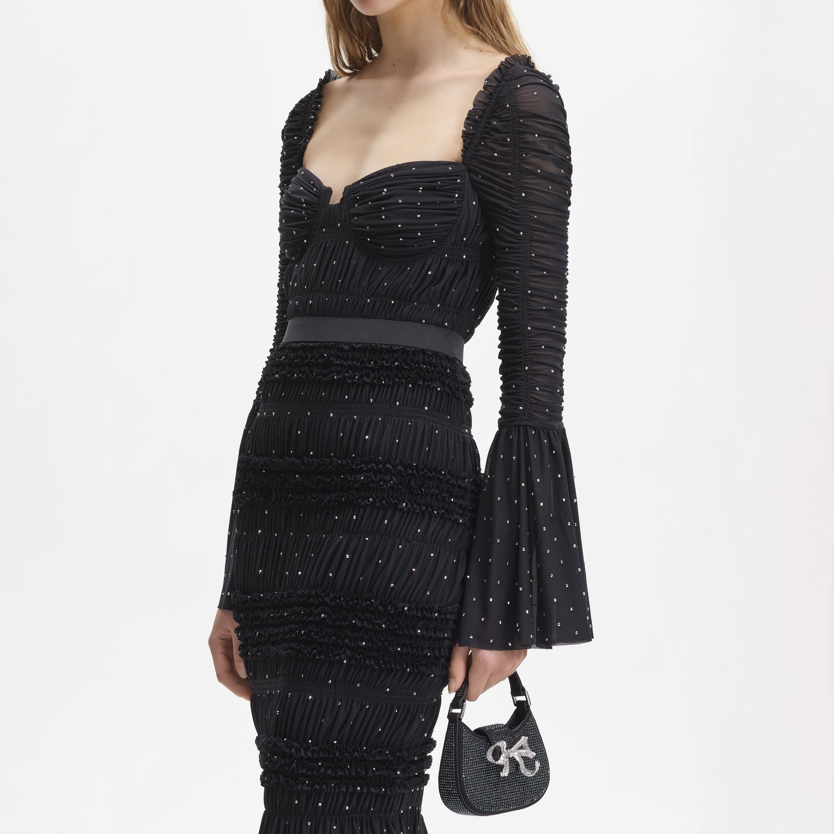 Black Mesh Rhinestone Midi Dress