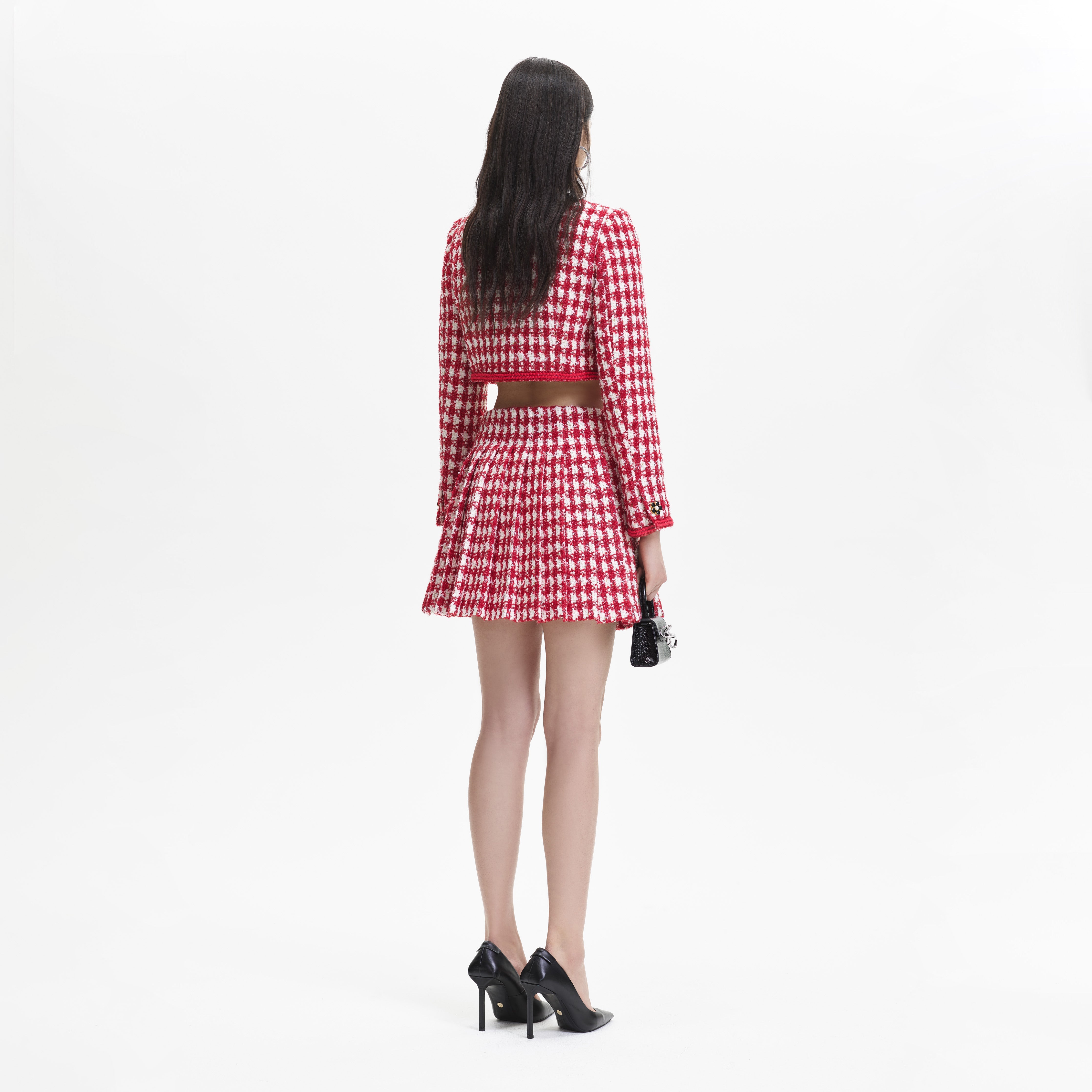 Red Check Boucle Pleated Mini Skirt