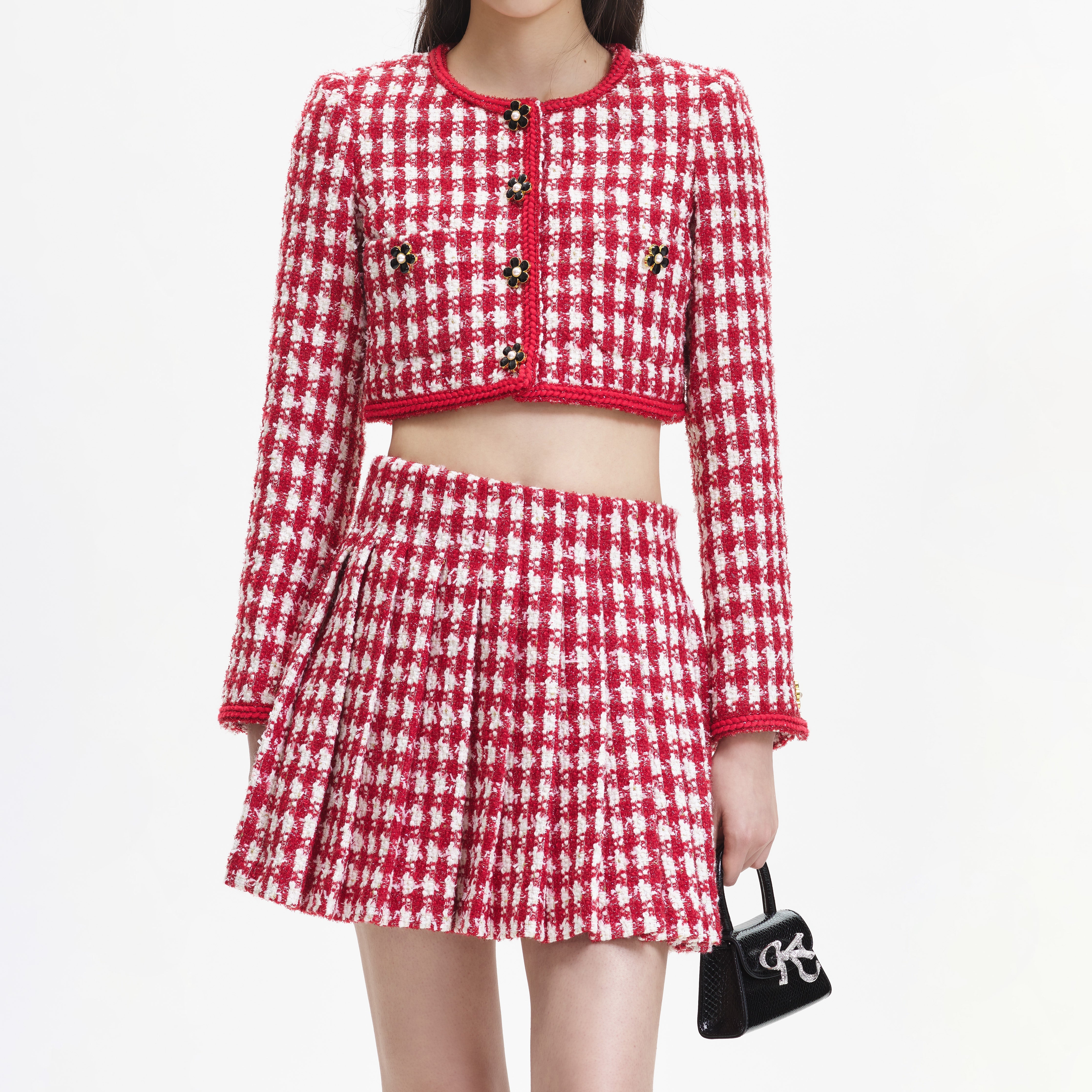 Red Check Boucle Pleated Mini Skirt