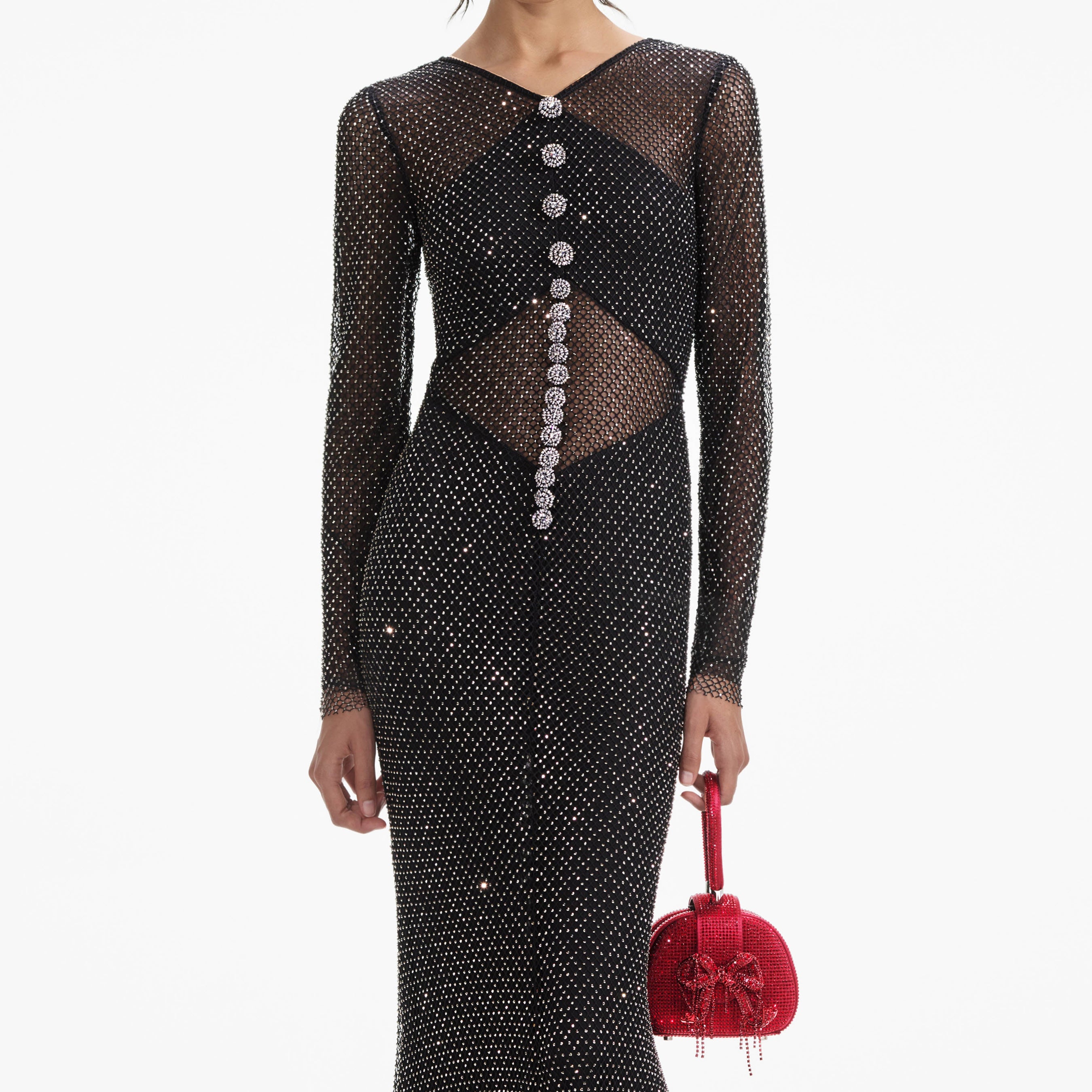 Black Rhinestone Fishnet Crossover Maxi Dress