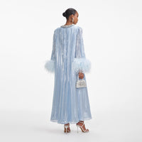 Blue Metallic Chiffon Feather Midi Dress