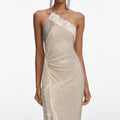 Champagne Rhinestone Lace Trim Maxi Dress