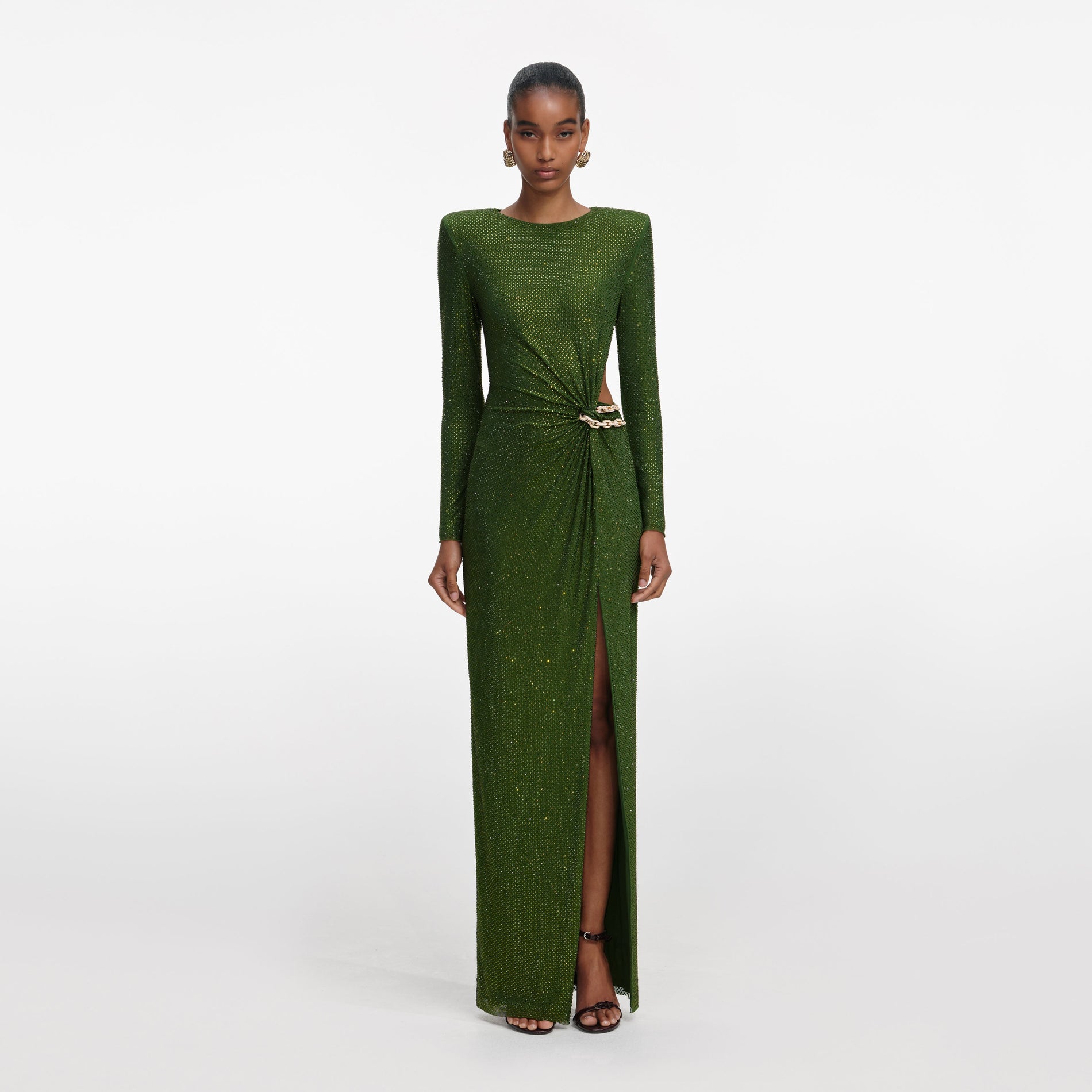 Front view of a woman wearing the Olive Rhinestone Embellished Maxi Dress