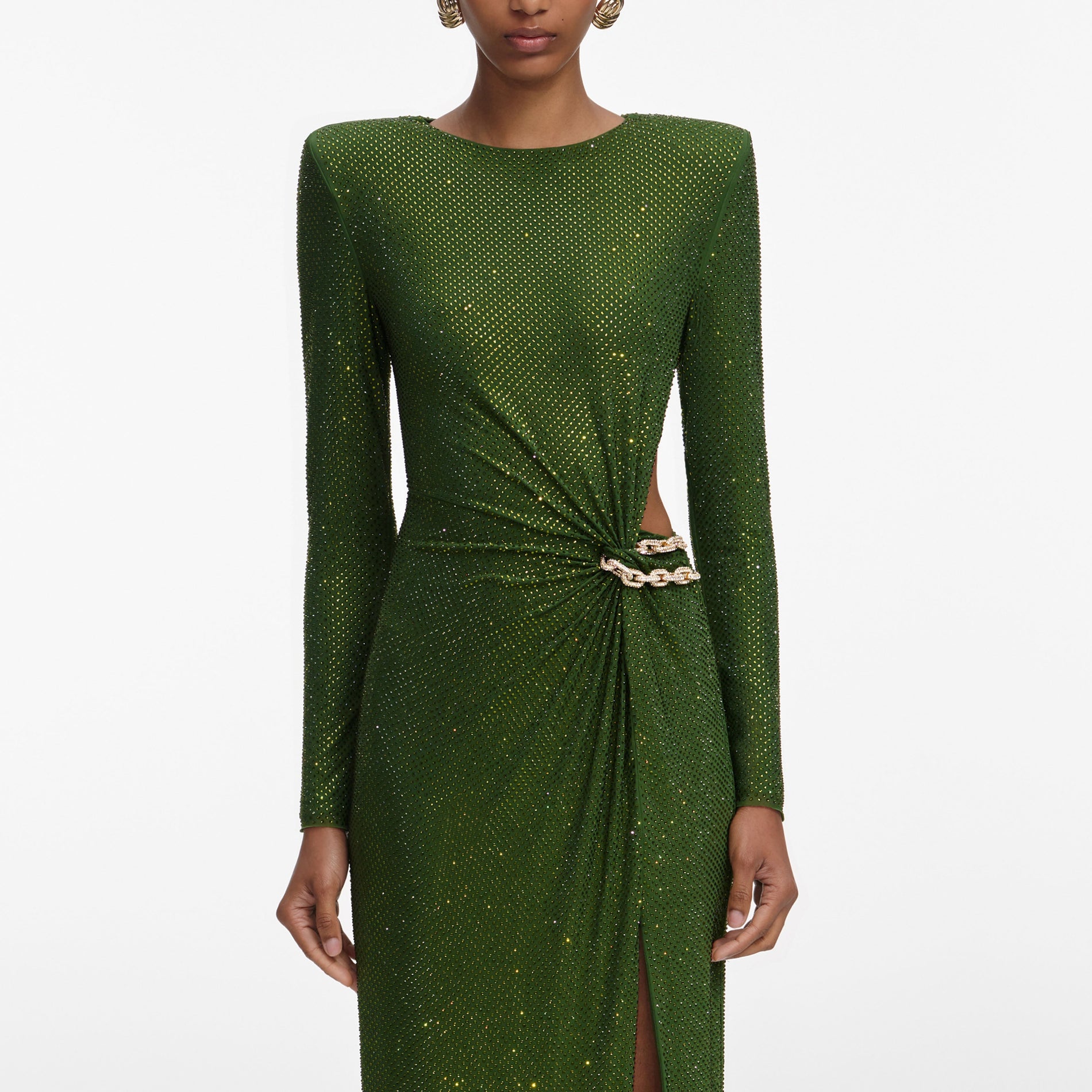 A close up of a woman wearing the Olive Rhinestone Embellished Maxi Dress