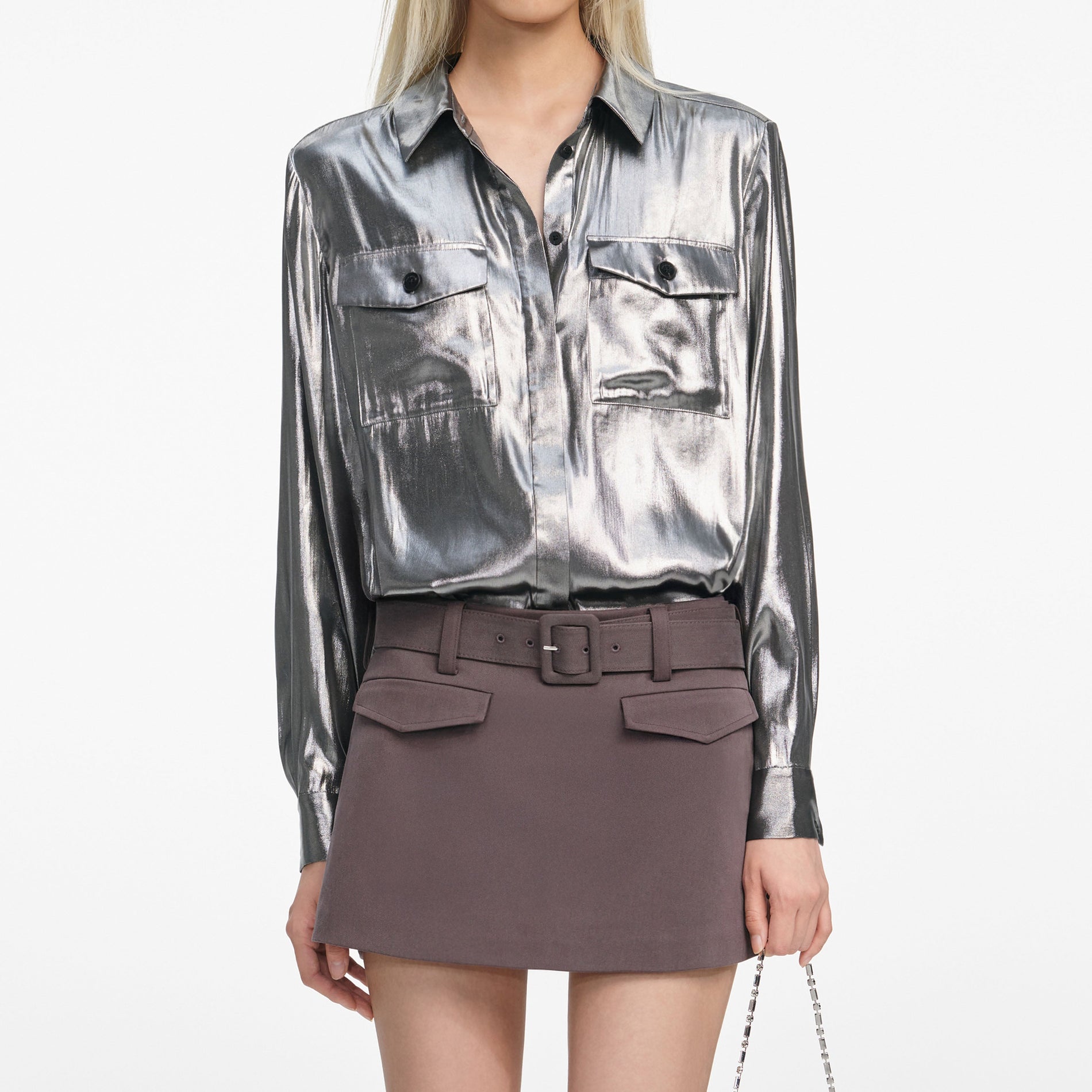 A close up of a woman wearing the Silver Metallic Crinkle Shirt