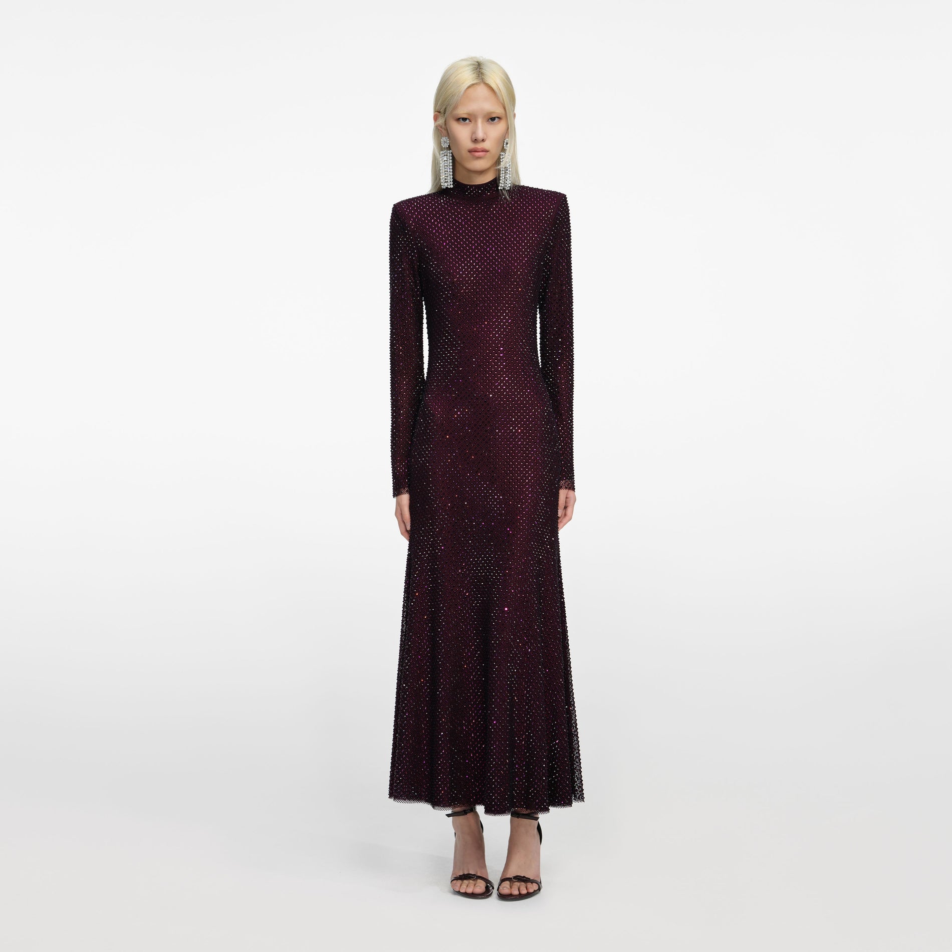 Front view of a woman wearing the Burgundy Rhinestone Fishnet Midi Dress