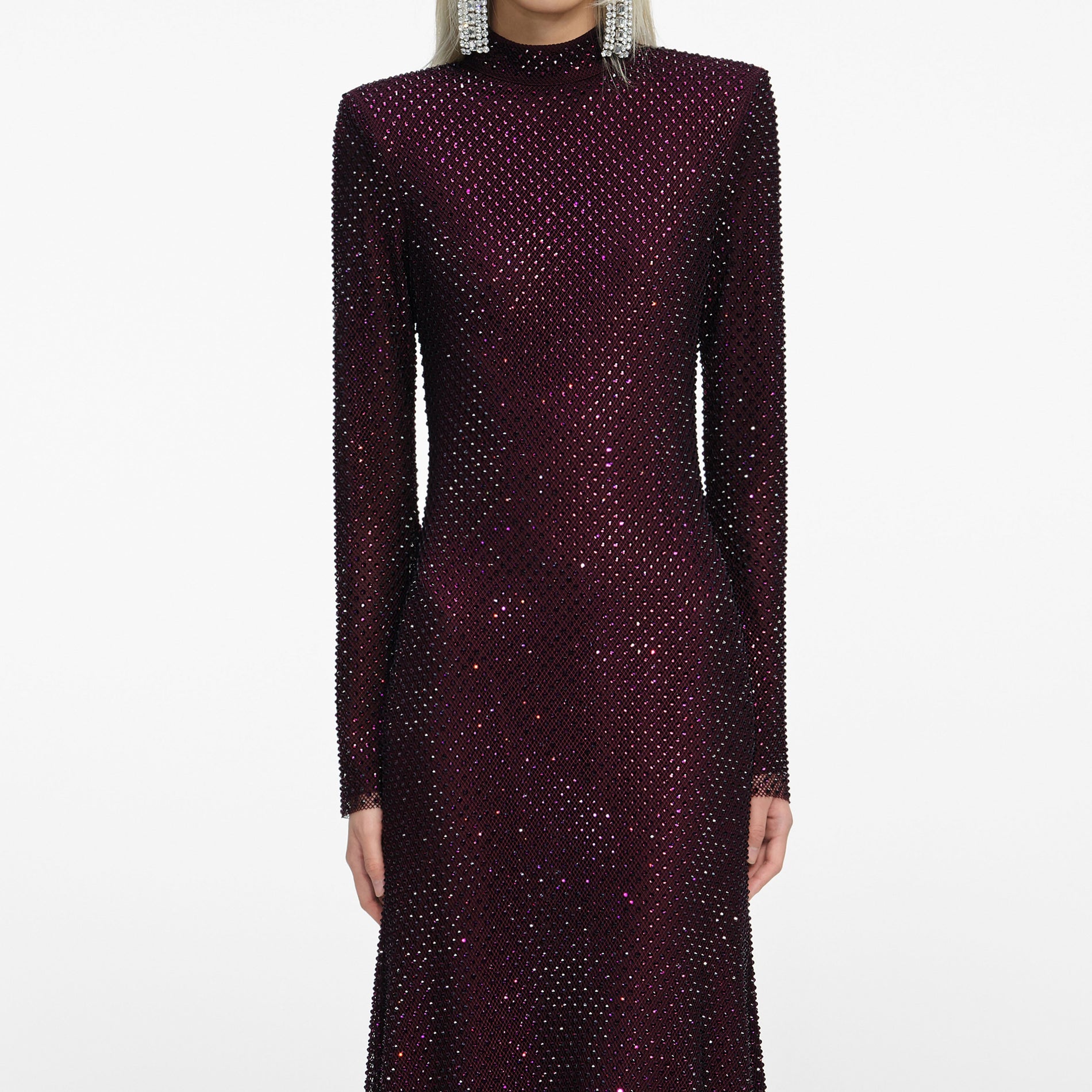 A close up of a woman wearing the Burgundy Rhinestone Fishnet Midi Dress