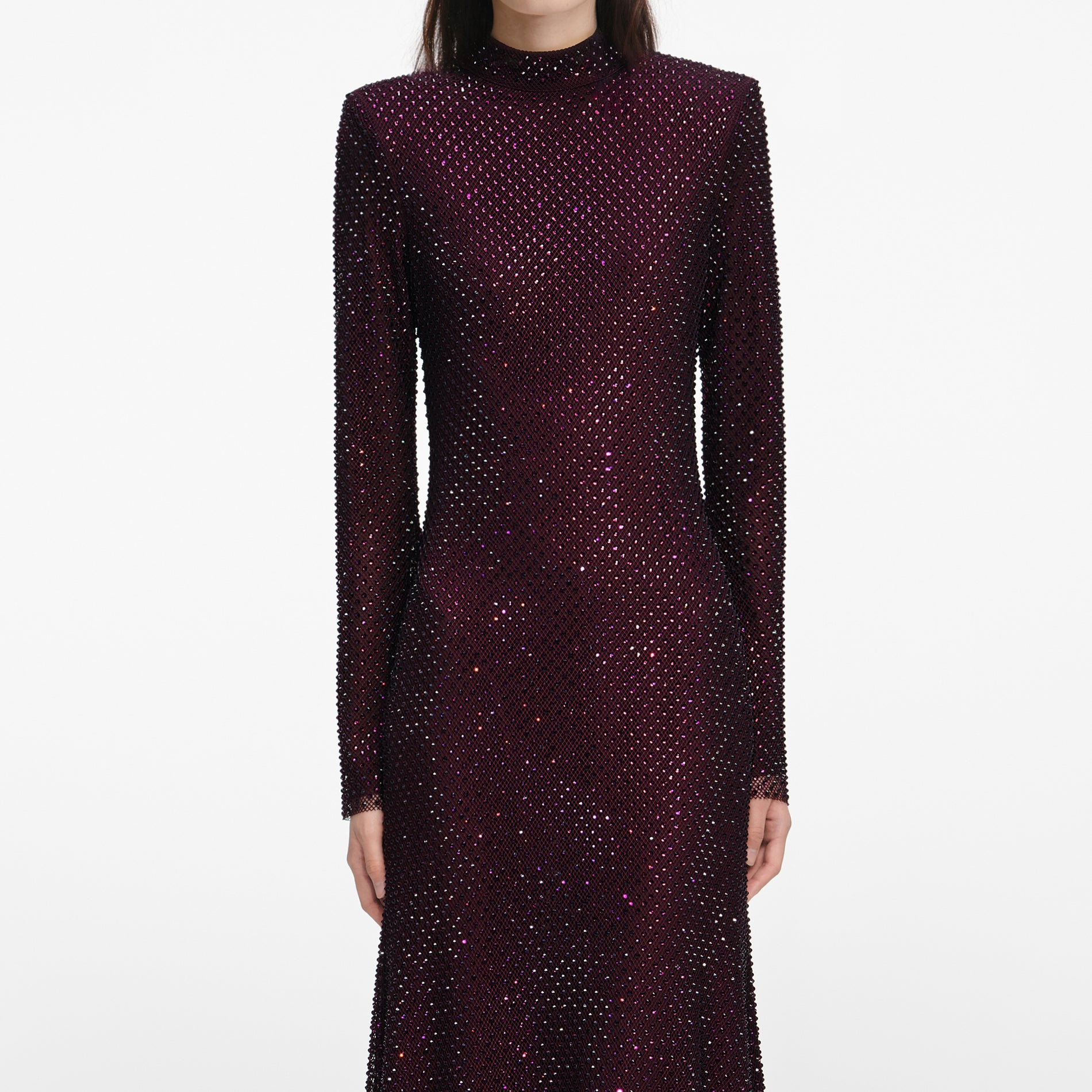 Burgundy Rhinestone Fishnet Midi Dress