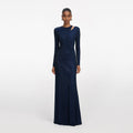 Navy Rhinestone Mesh Cut Out Maxi Dress