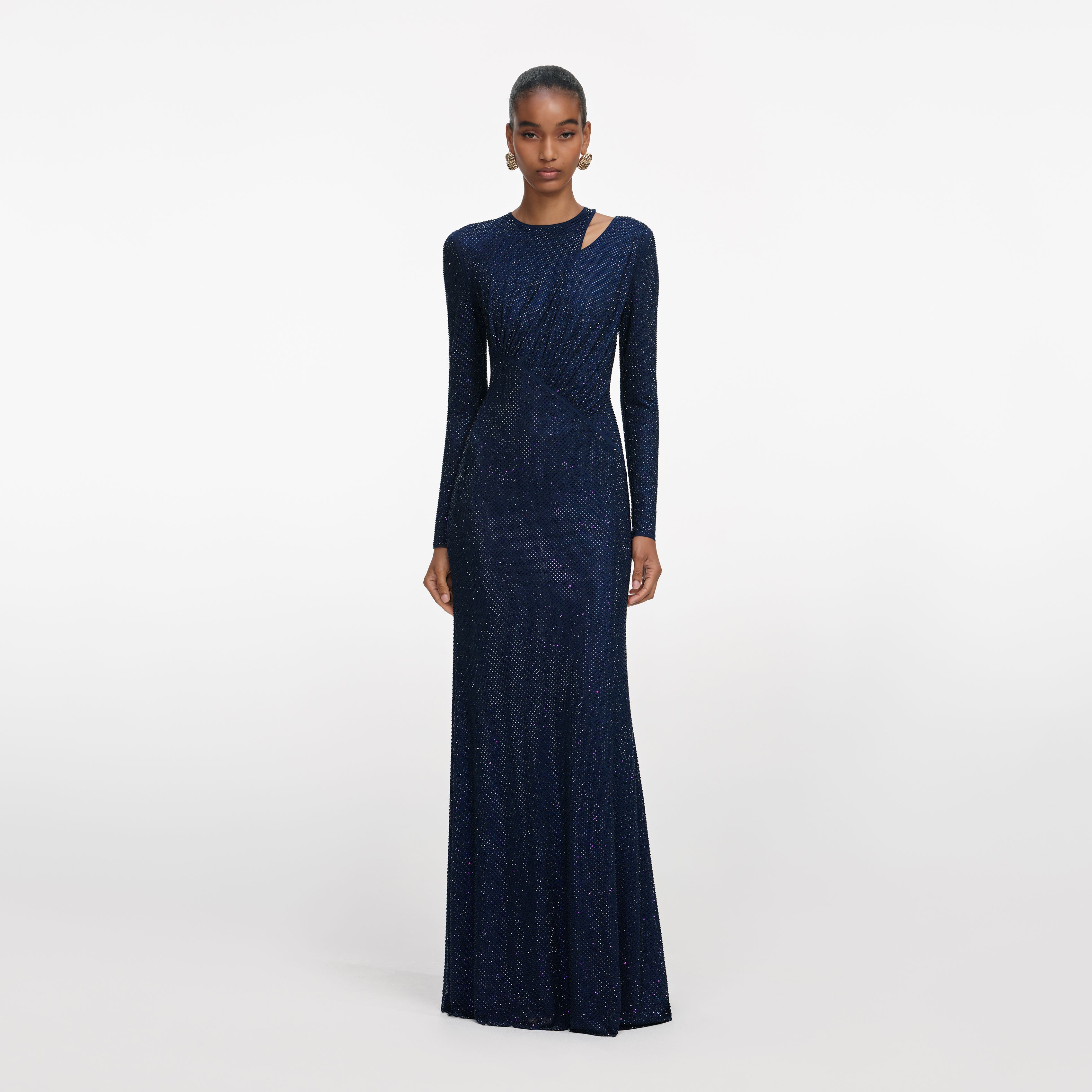 Navy Rhinestone Mesh Cut Out Maxi Dress