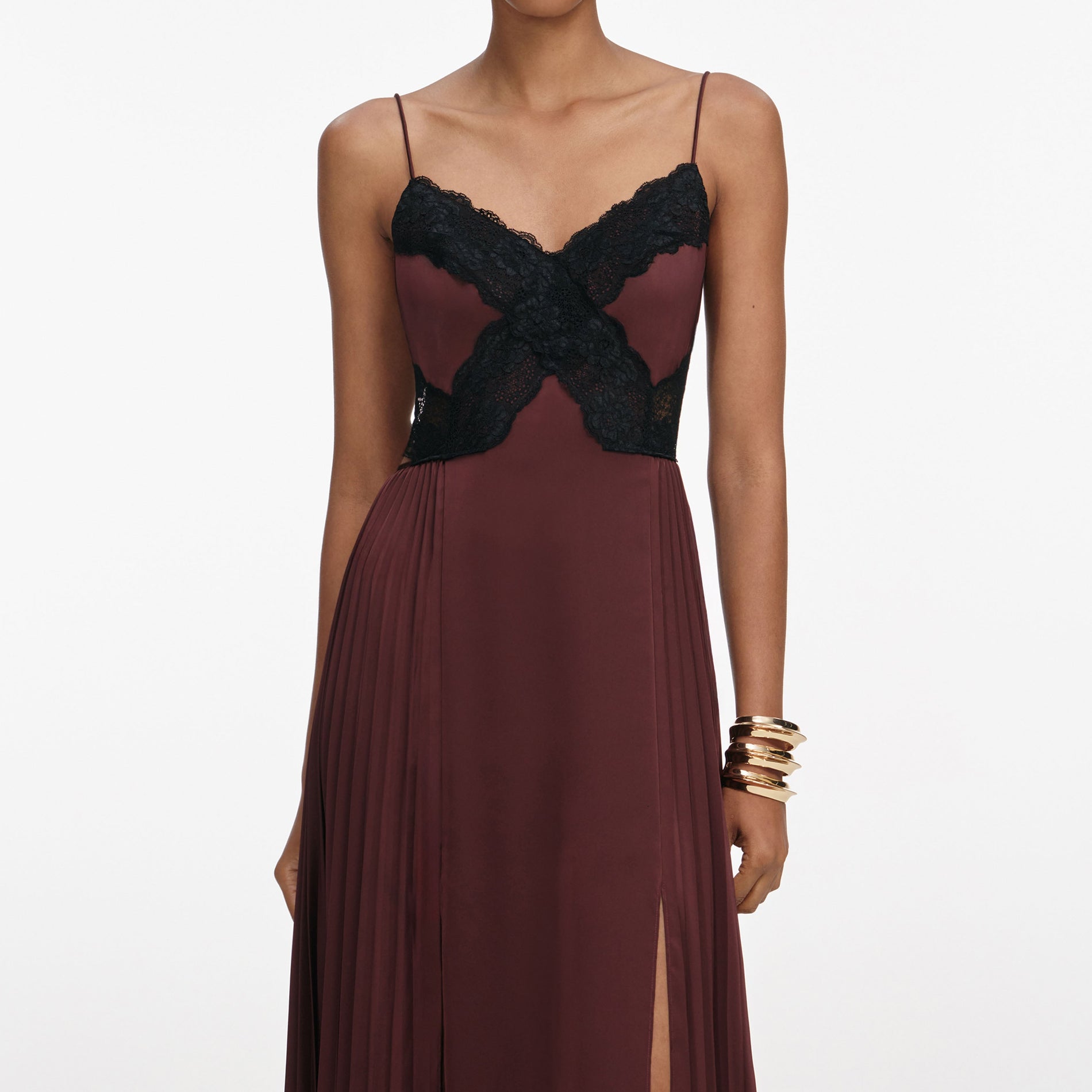 A close up of a woman wearing the Brown Satin Lace Maxi Dress