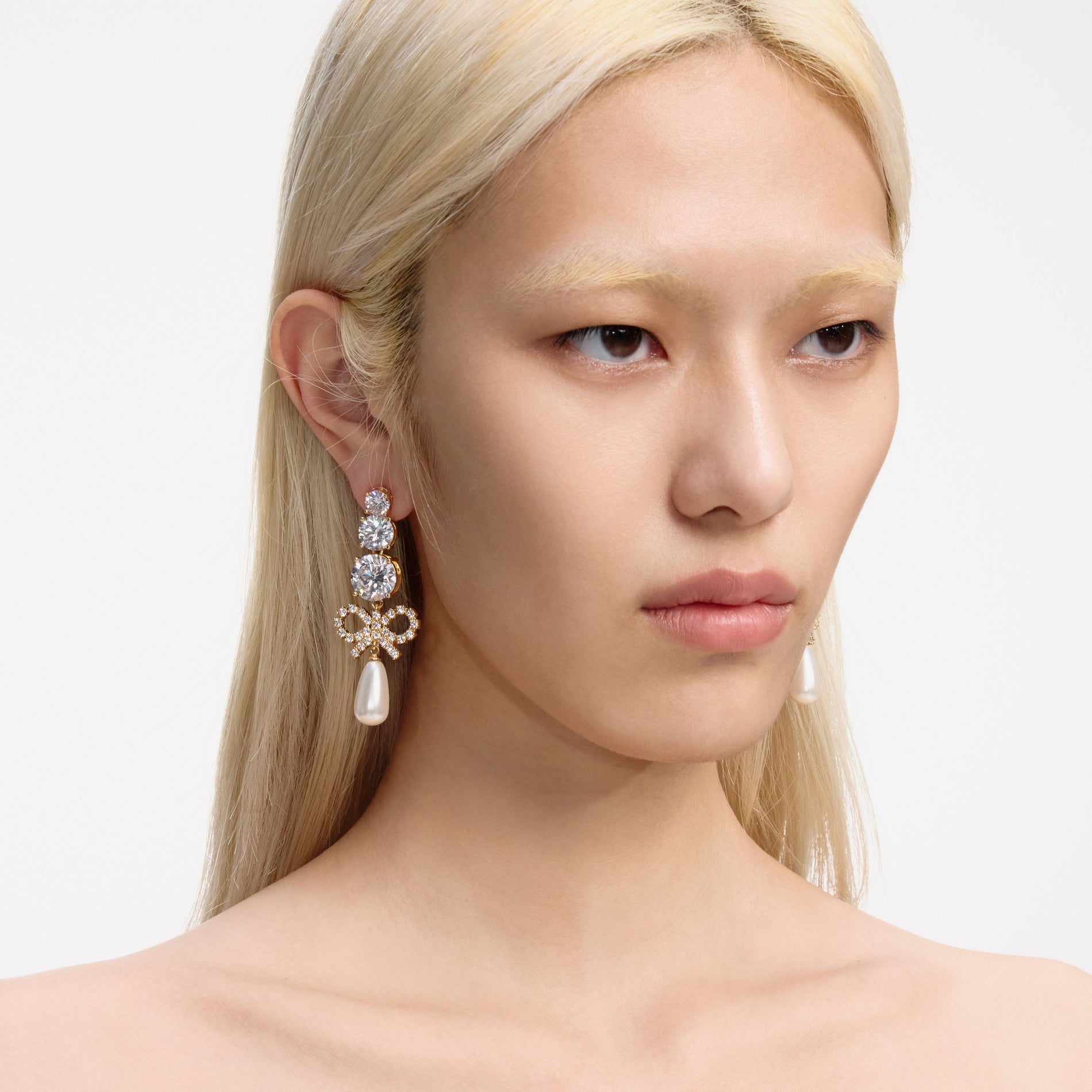 Gold Crystal Bow Pearl Earrings