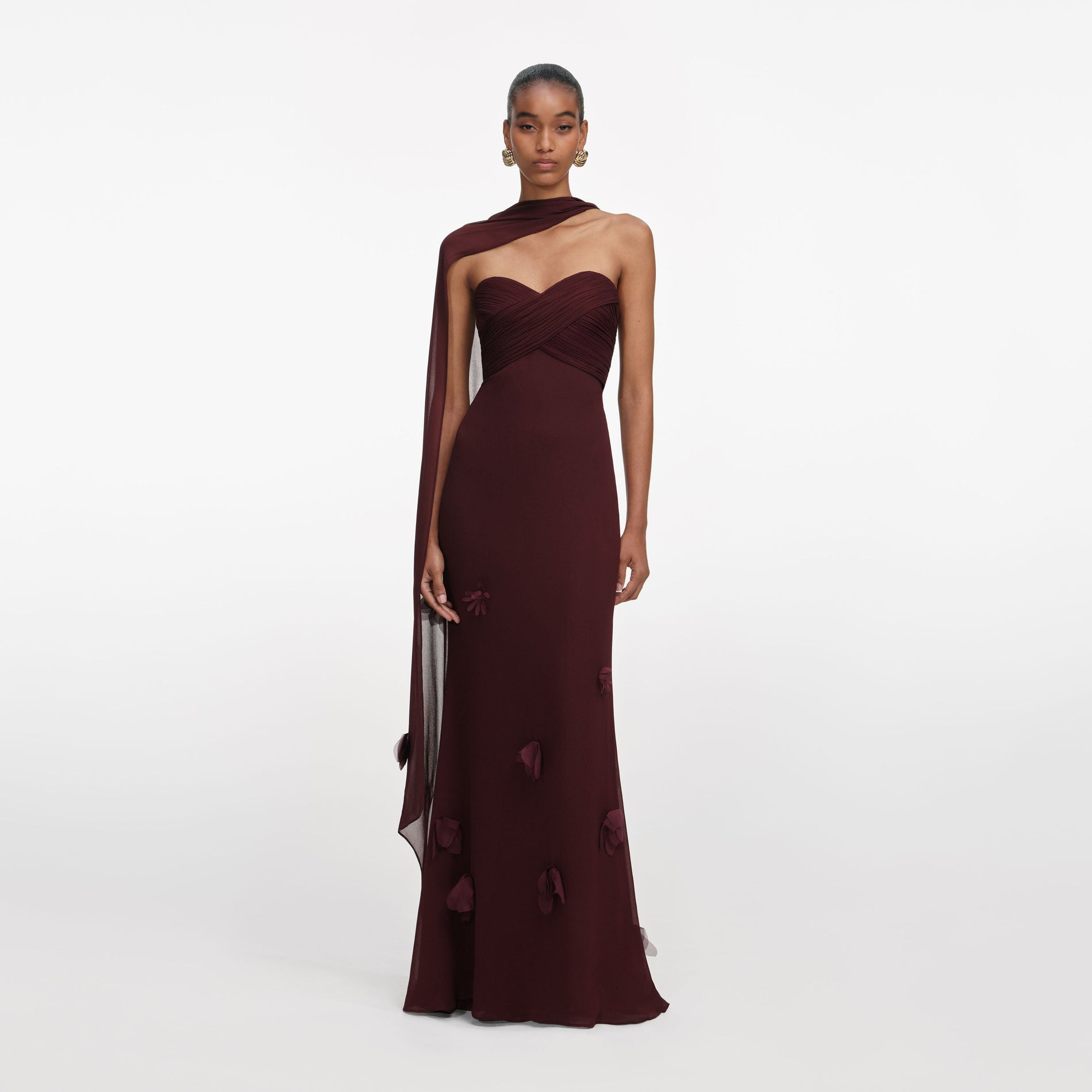 Front view of a woman wearing the Brown Georgette Flower Maxi Dress