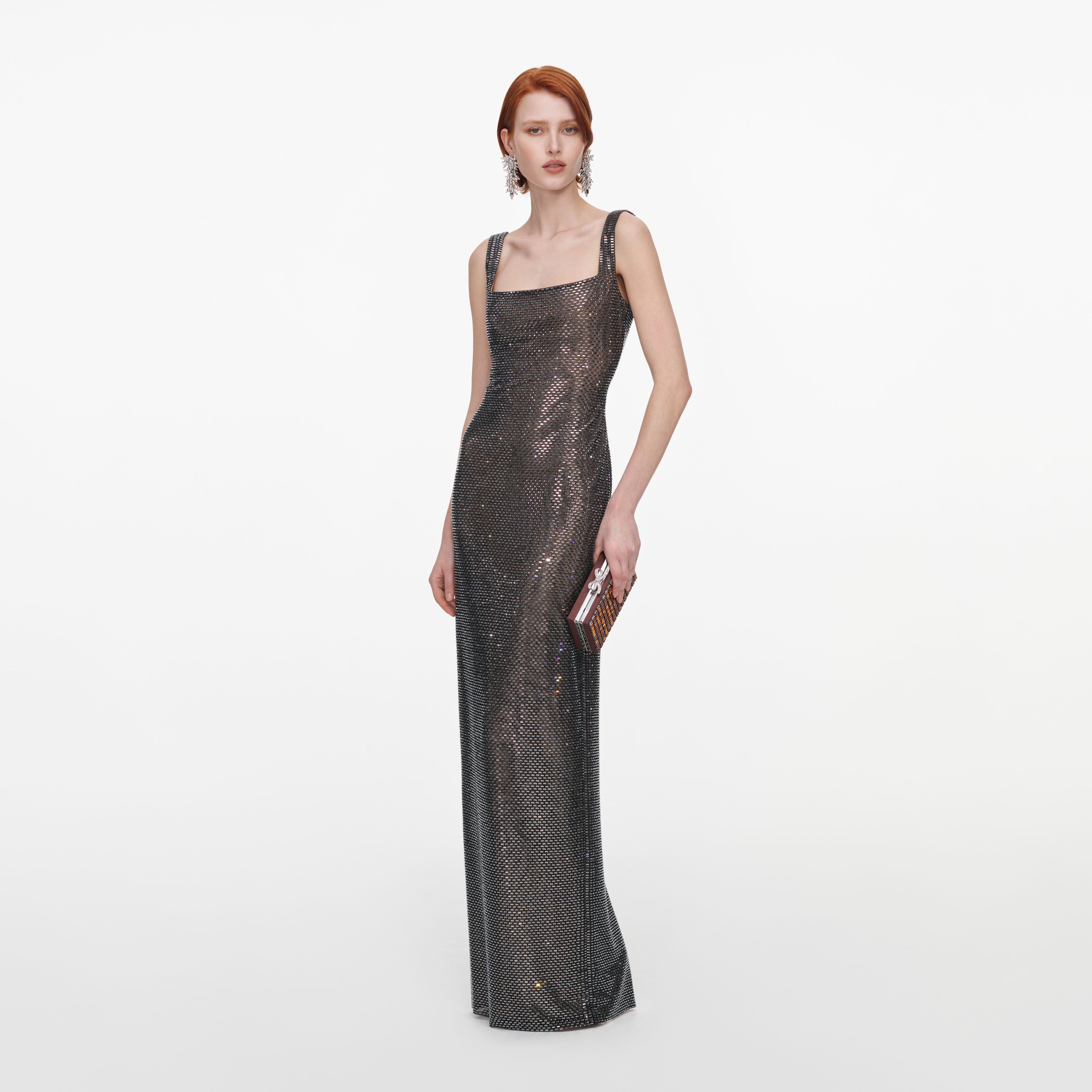 Gunmetal Square Neck Rhinestone Maxi Dress