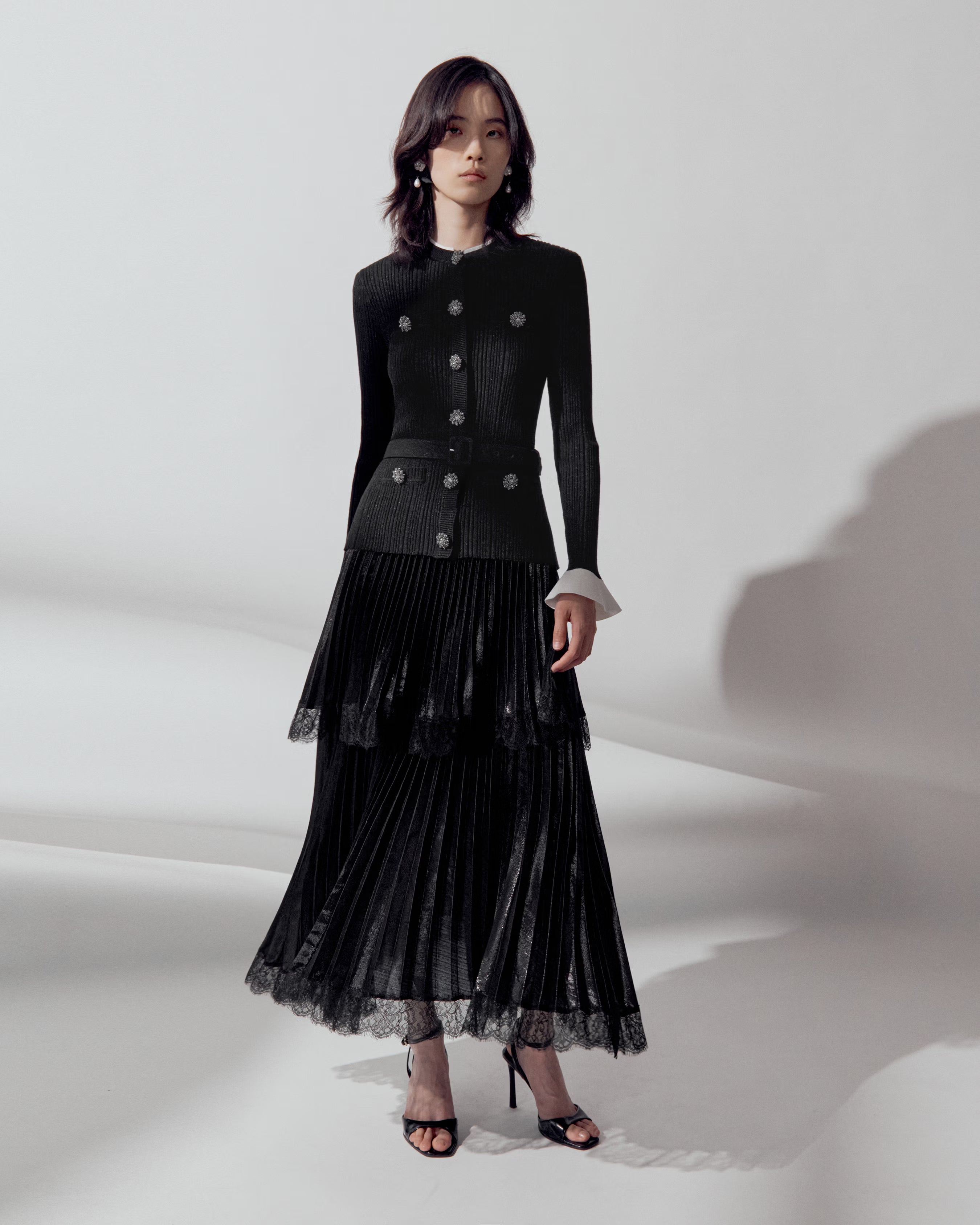Black Knit Metallic Chiffon Midi Dress