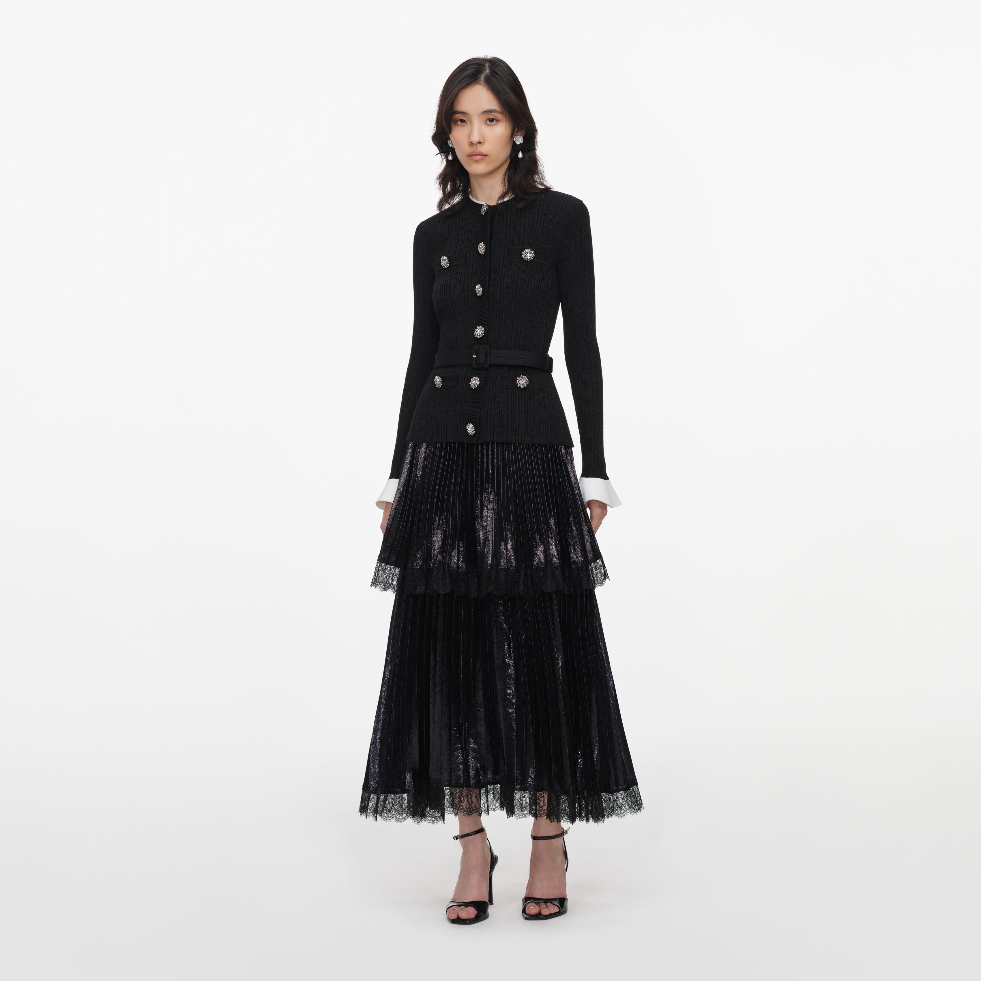 Black Knit Metallic Chiffon Midi Dress