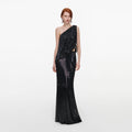 Black Rhinestone One Shoulder Drape Maxi Dress