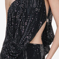 Black Rhinestone One Shoulder Drape Maxi Dress