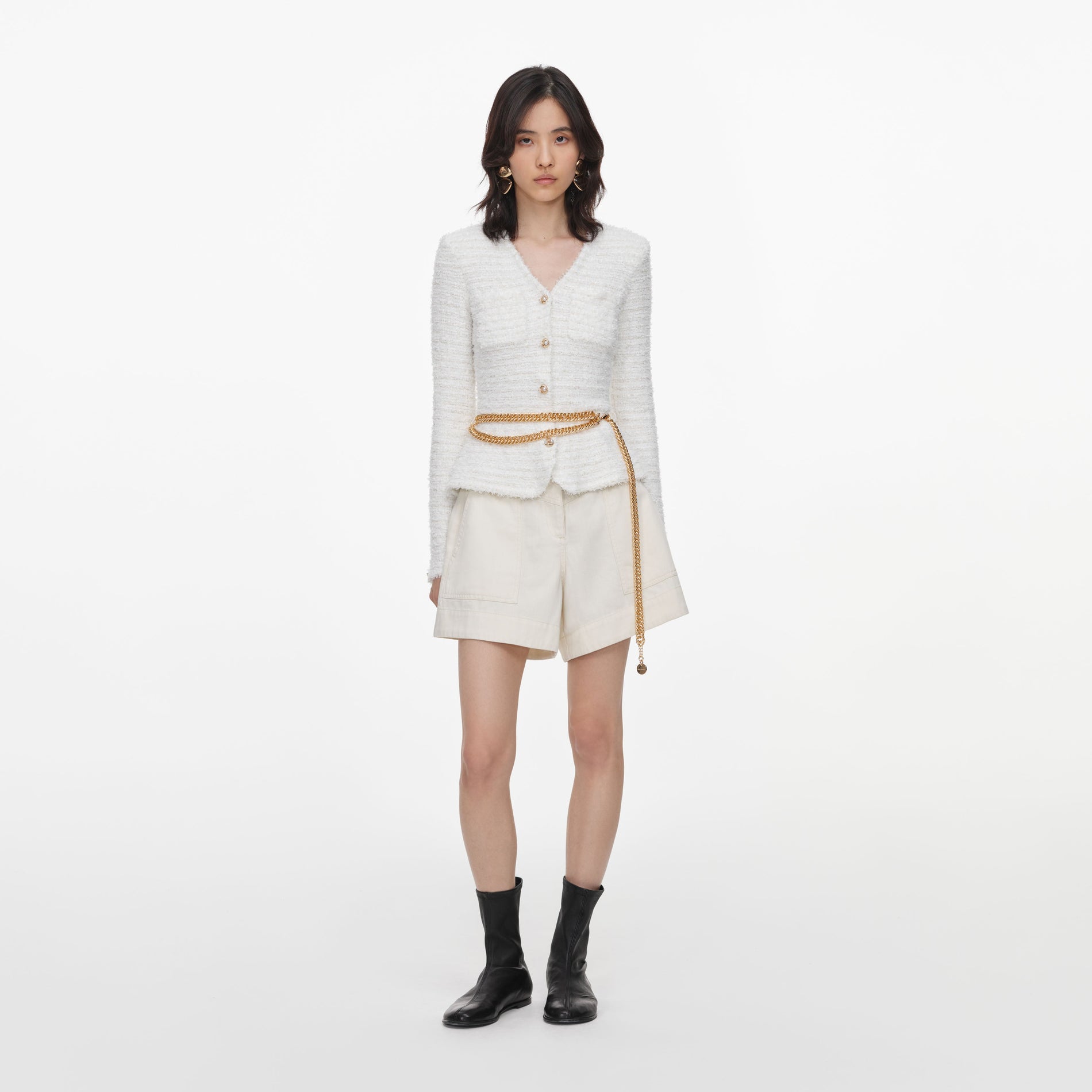 Front view of a woman wearing the Cream Textured Knit Cardigan