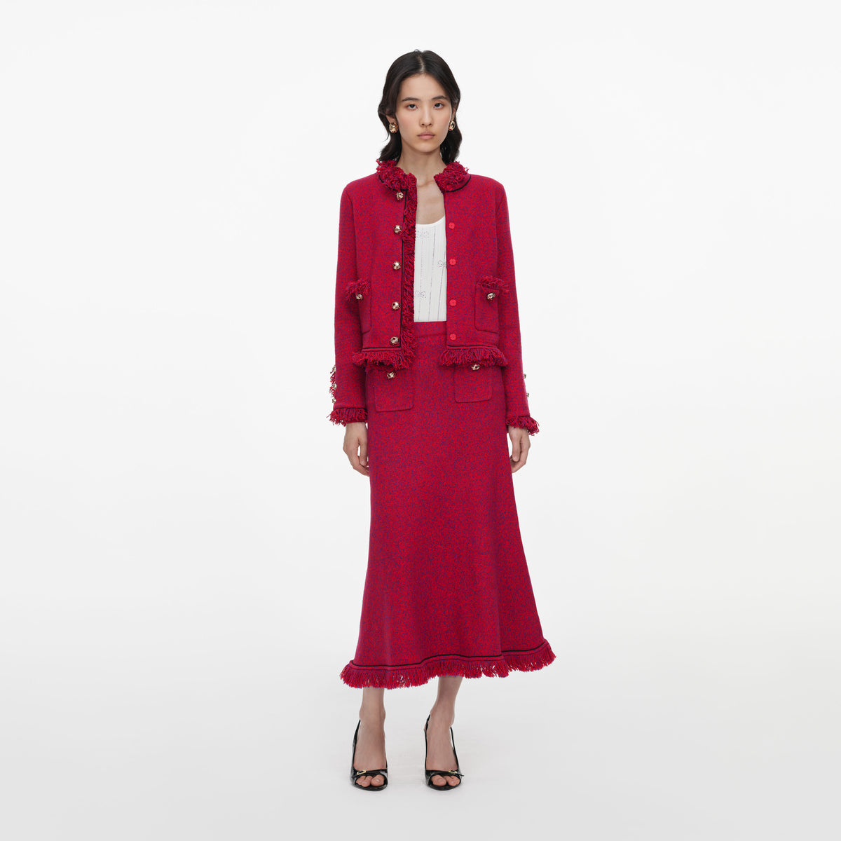 Red Frayed Knit Midi Skirt