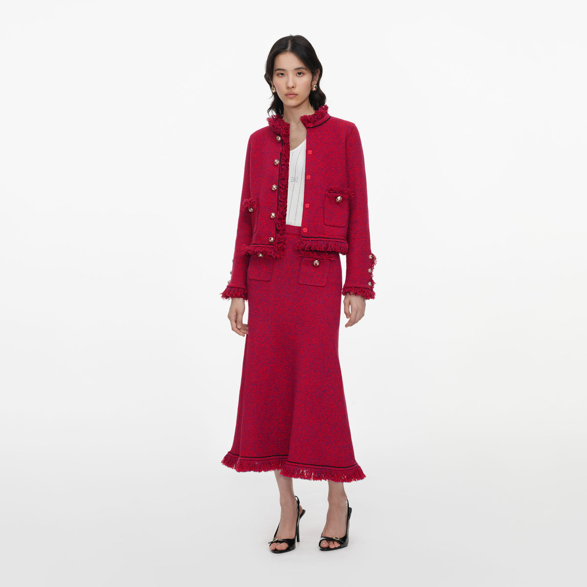 Red Frayed Knit Midi Skirt