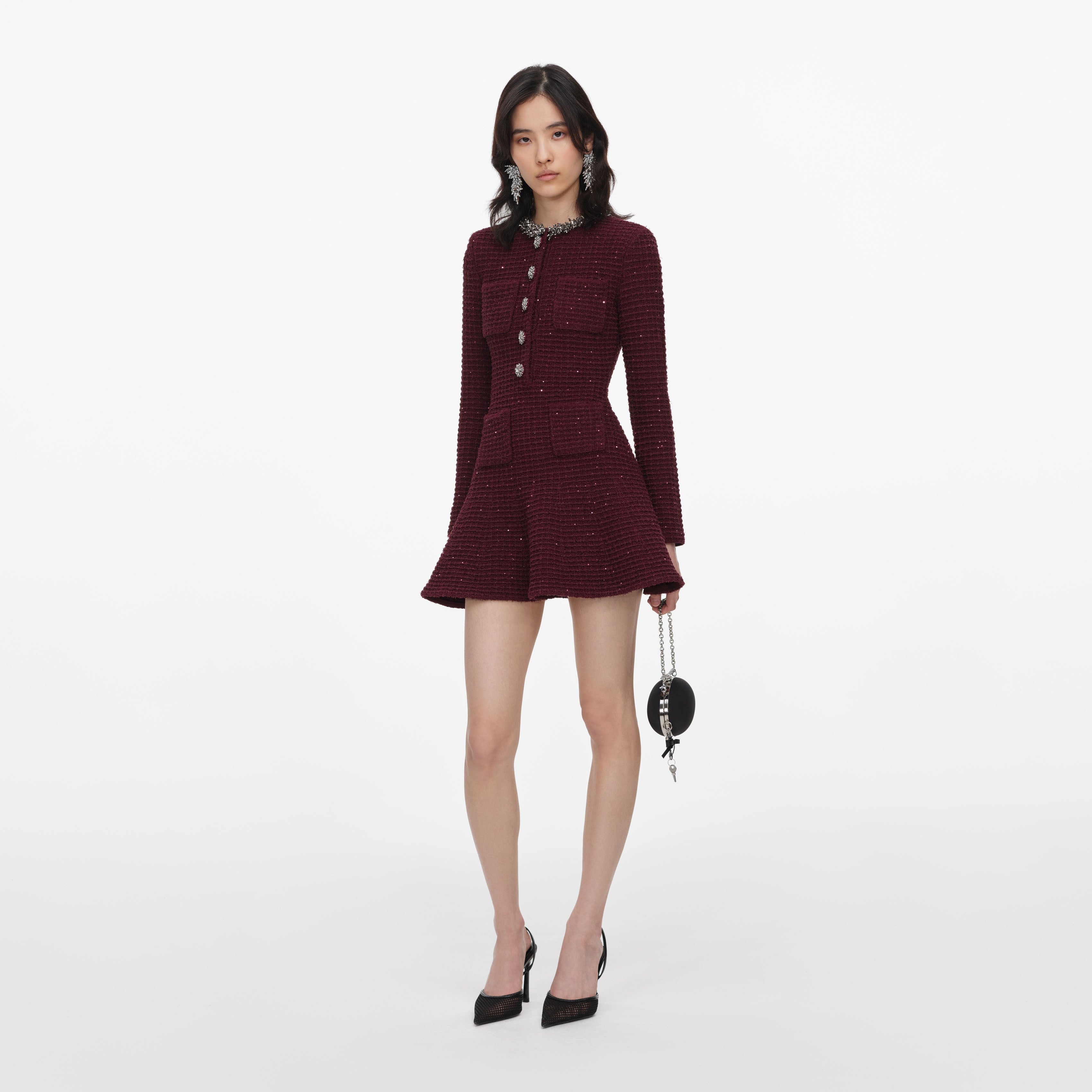 Burgundy Textured Knit Embellished Mini Dress