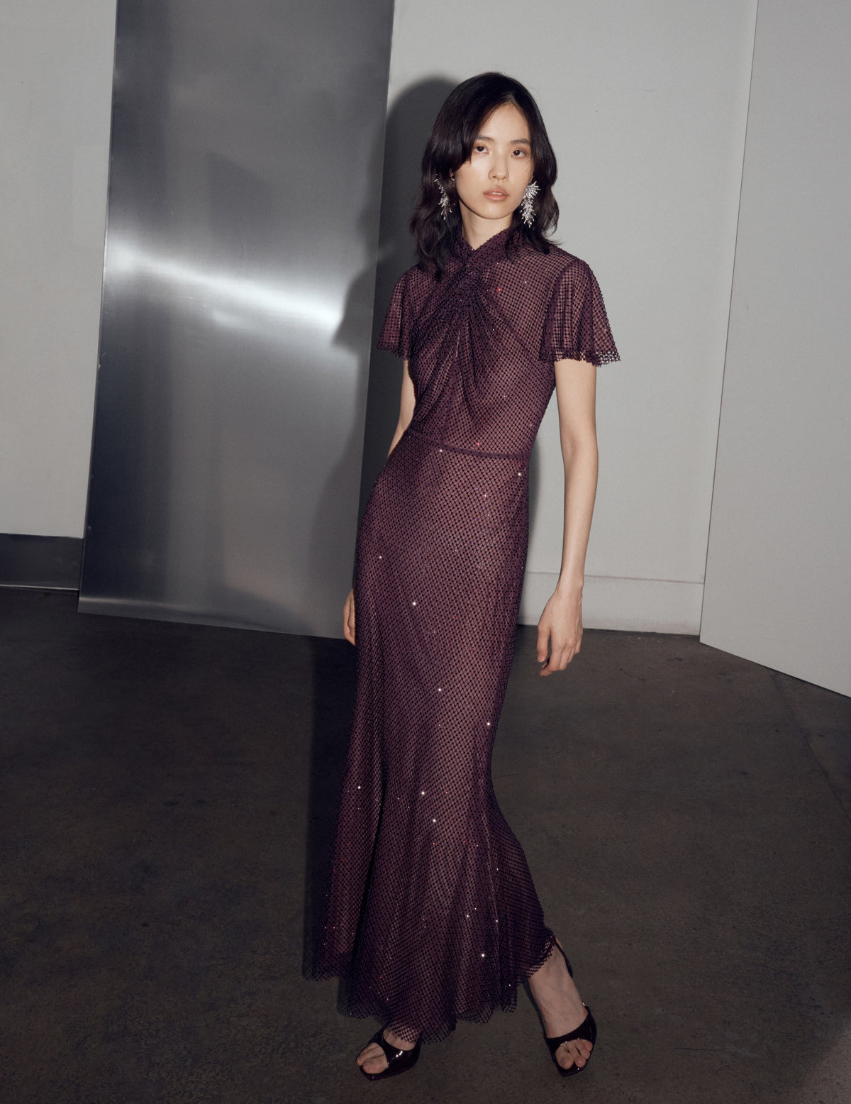 Burgundy Rhinestone Fishnet Midi Dress