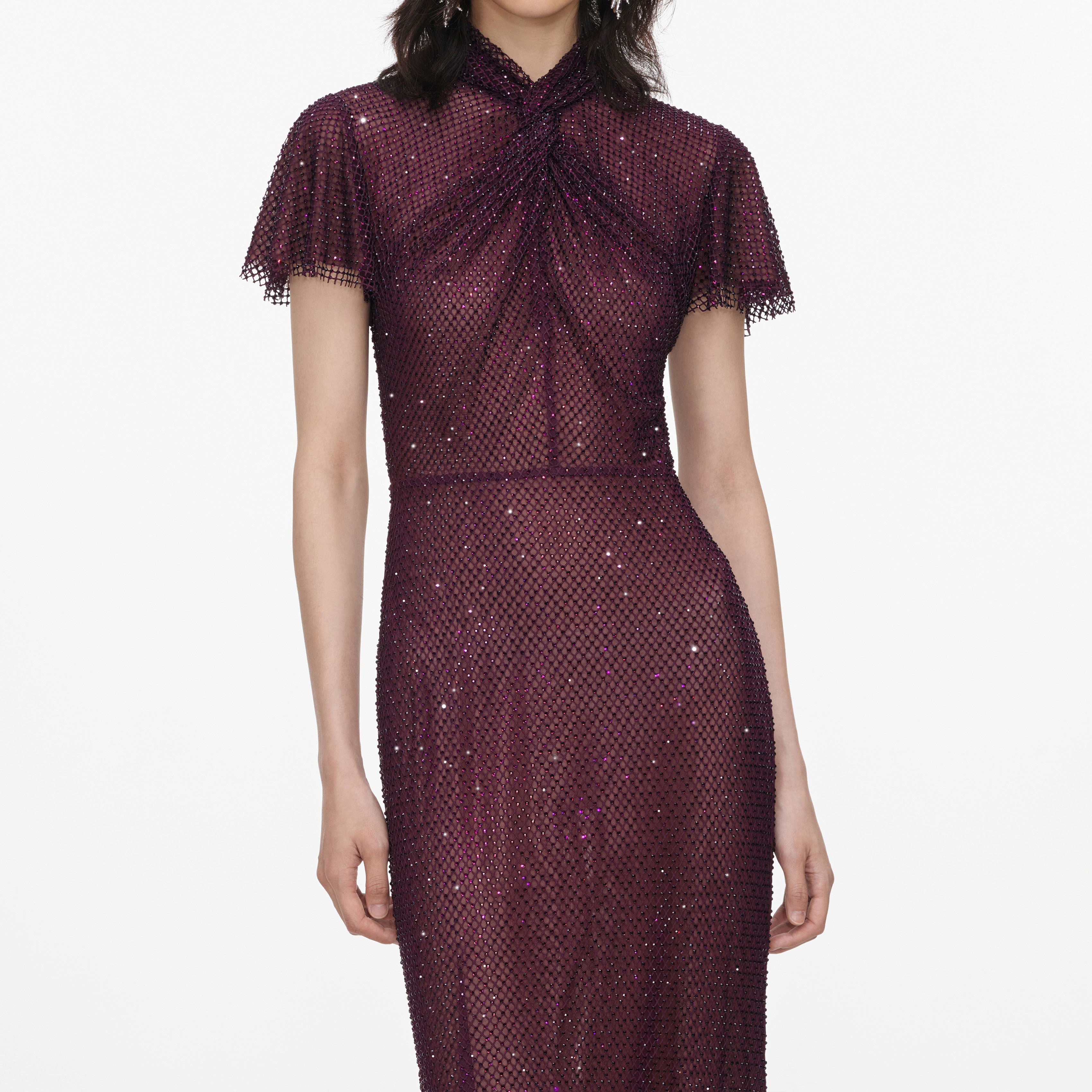 Burgundy Rhinestone Fishnet Midi Dress
